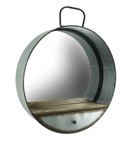 Zeckos - Rustic Galvanized Metal Tub Frame Round Wall Mirror with Drawer - Gray