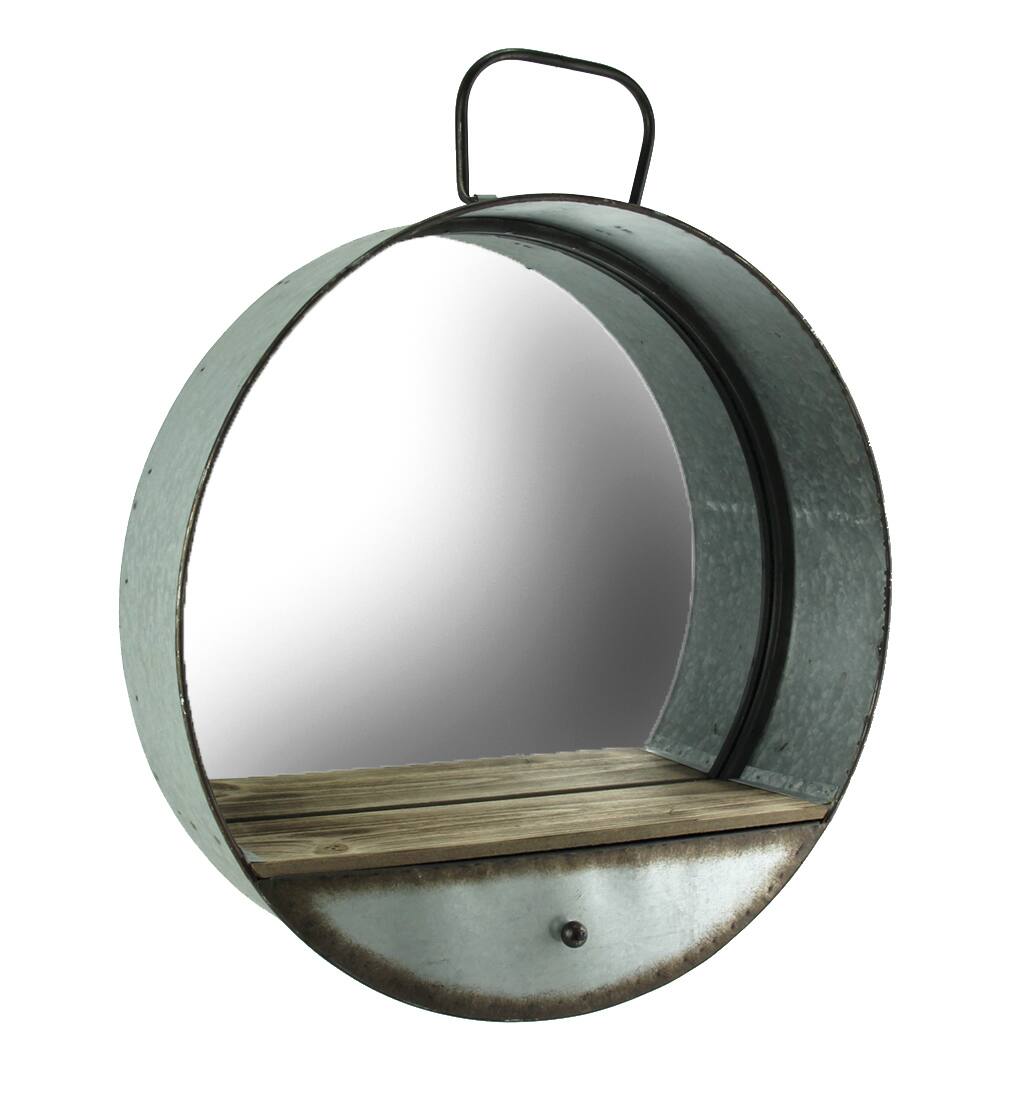 Front. Zeckos - Rustic Galvanized Metal Tub Frame Round Wall Mirror with Drawer - Gray.
