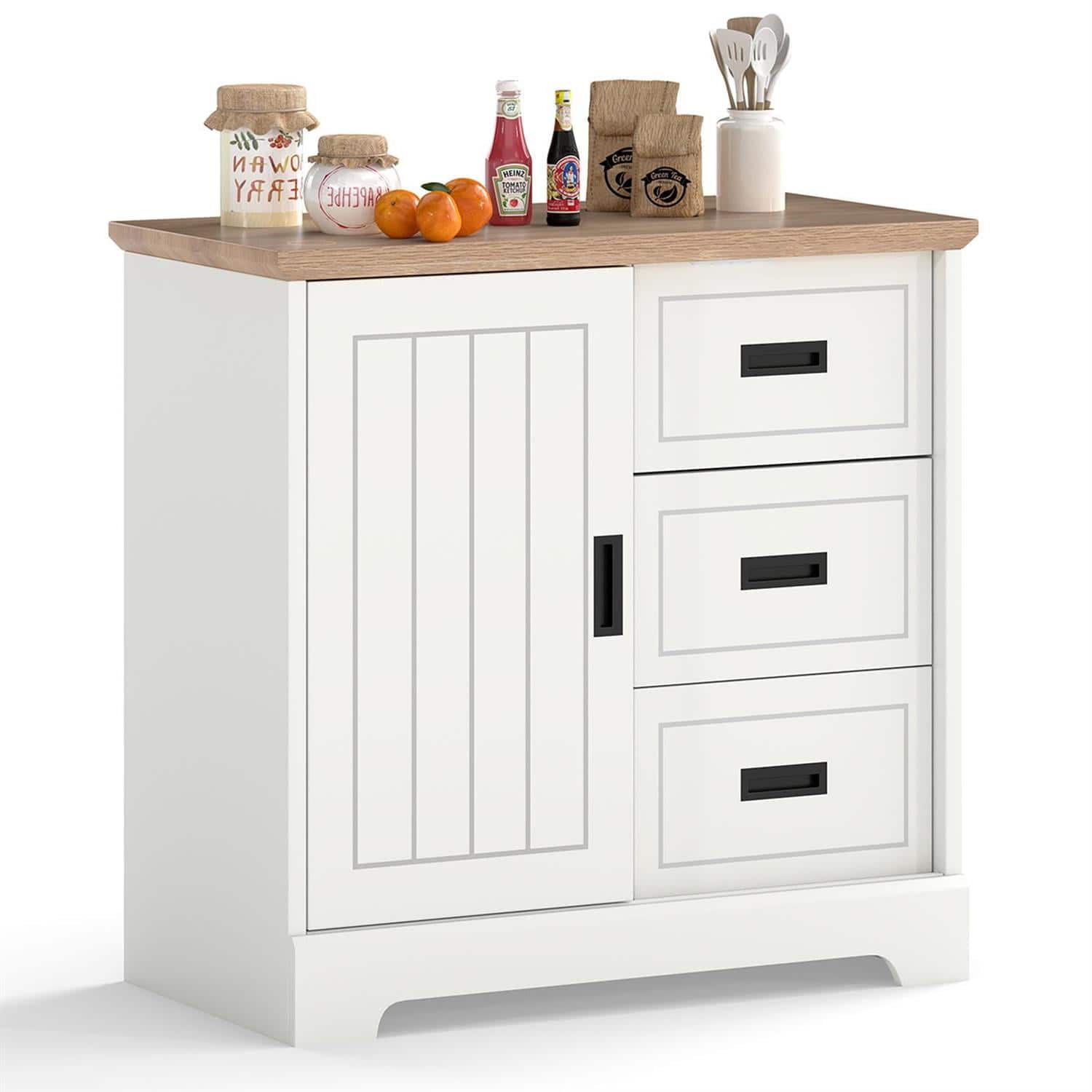 Pefilos - Farmhouse Sideboard Cabinet,Sliding Doors 3 Deep Drawers,Anti-Tip Thickened Base - White