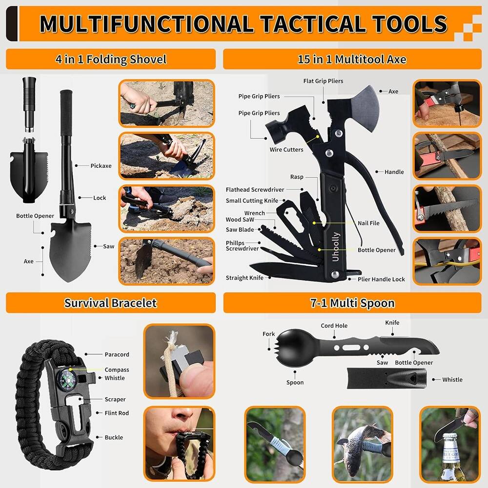 **MULTIFUNCTIONAL TACTICAL TOOLS**

**4 in 1 Folding Shovel**
- Pickaxe
- Lock
- Bottle Opener
- Axe
- Saw

**15 in 1 Multitool Axe**
- Flat Grip Pliers
- Pipe Grip Pliers
- Wire Cutters
- Axe
- Rasp
- Phillips Screwdriver
- Small Cutting Knife
- Wood Saw
- Saw Blade
- Straight Knife
- Bottle Opener
- Nail File
- Plier Handle Lock
- Handle

**Survival Bracelet**
- Paracord
- Compass
- Whistle
- Scraper
- Flint Rod
- Buckle

**7-1 Multi Spoon**
- Fork
- Cord Hole
- Spoon
- Knife
- Saw
- Bottle Opener
- Whistle