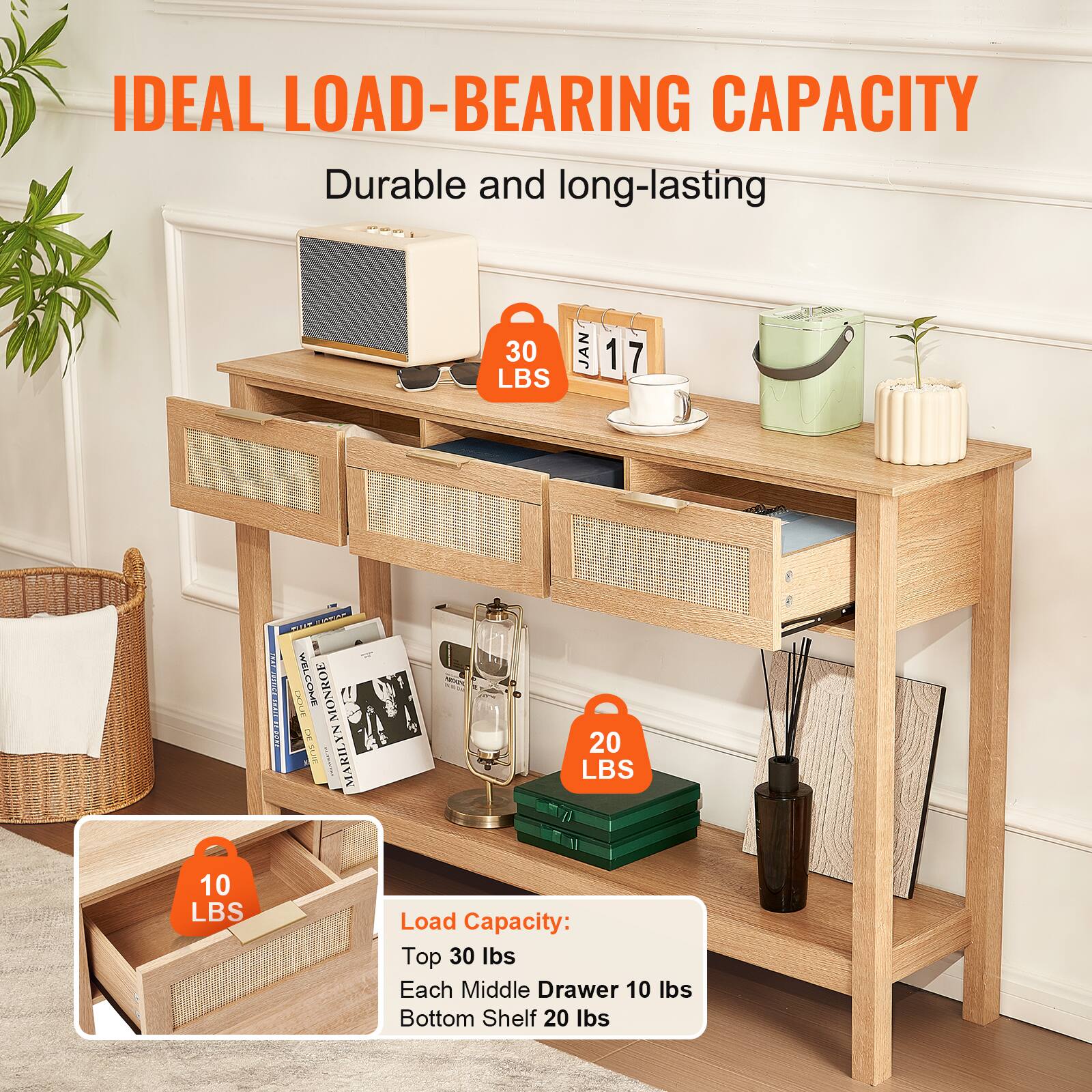 IDEAL LOAD-BEARING CAPACITY  
Durable and long-lasting  

Load Capacity:  
Top 30 lbs  
Each Middle Drawer 10 lbs  
Bottom Shelf 20 lbs  

Drawer 10 lbs  
Bottom Shelf 20 lbs
