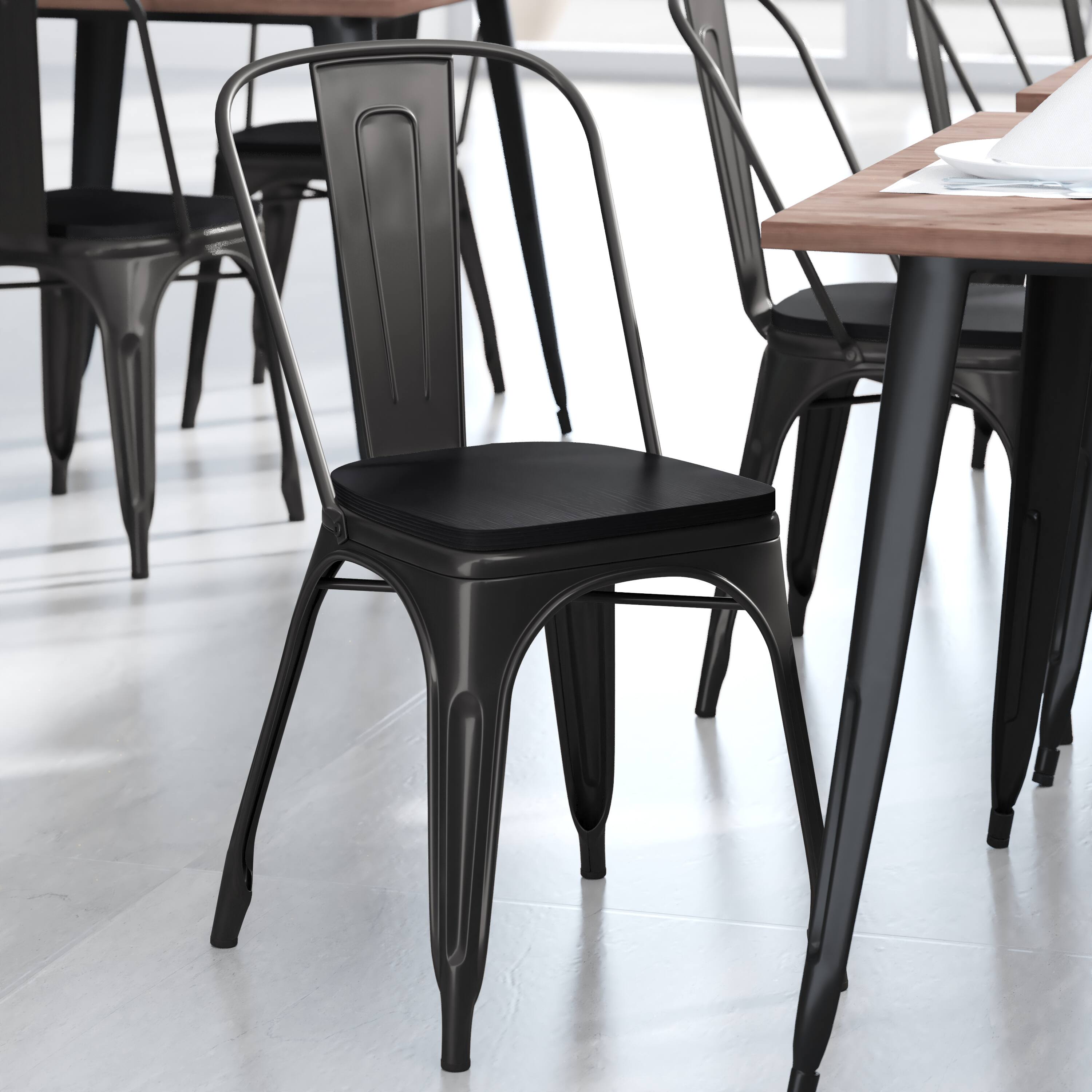 Alt View 3. Emma + Oliver - Perth Metal Stacking Dining Chairs with Poly Resin Seats for Indoor/Outdoor Use - Black Seat/Black Frame.