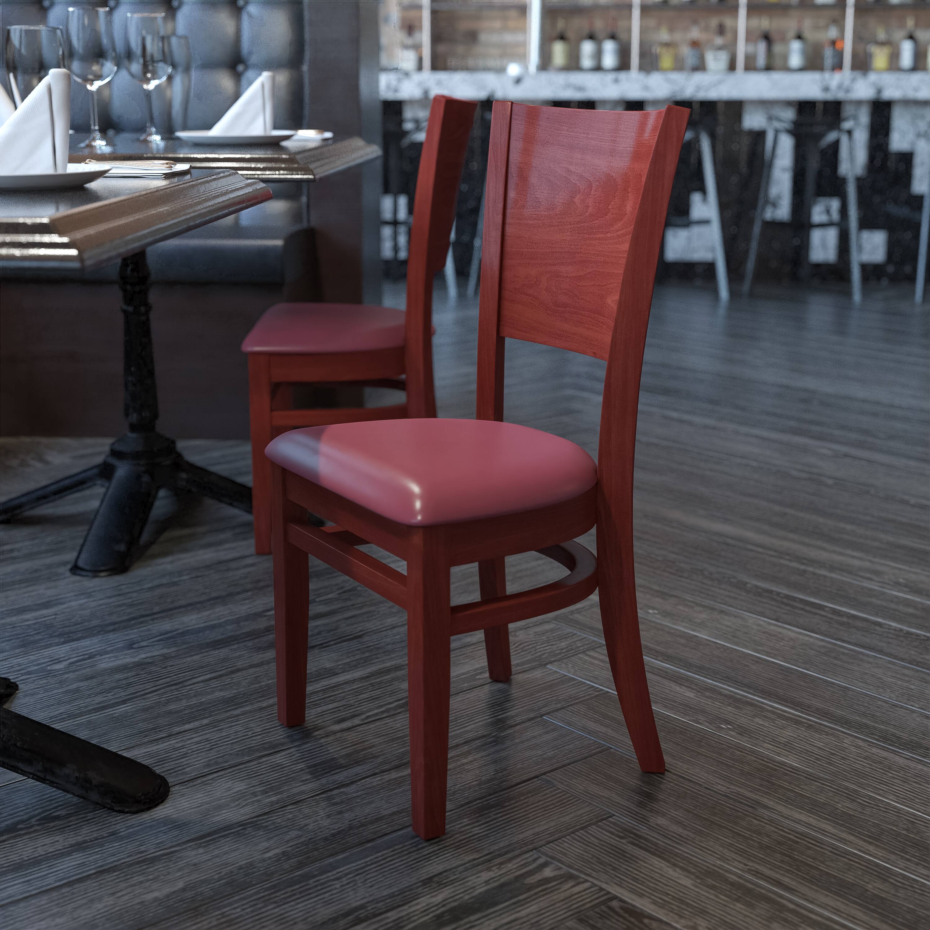 Alt View 1. Emma + Oliver - Solid Back Wooden Restaurant Dining Chair - Burgundy Vinyl Seat/Walnut Wood Frame.