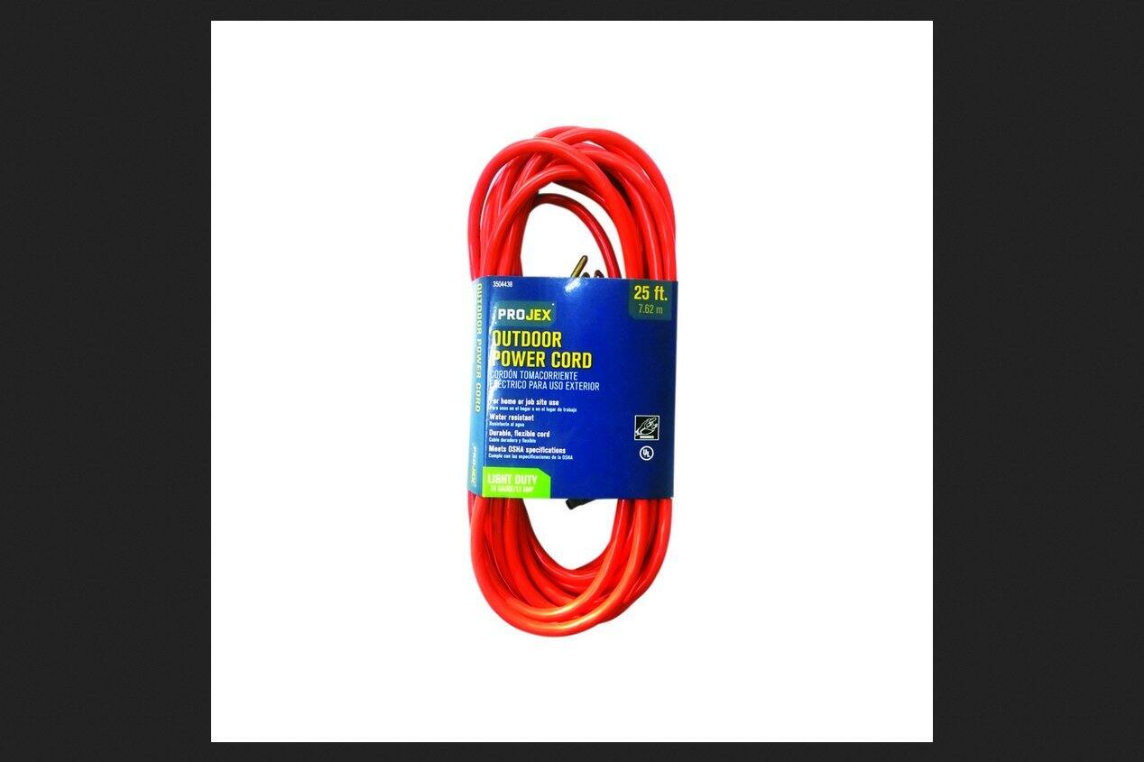 350443 PROJEX OUTDOOR POWER CORD  
CORDON TOMACORRIENTE ELÉCTRICO PARA USO EXTERIOR  

25 ft. 7.62 m  

- Water resistant  
- Durable, flexible cord  
- Meets OSHA specifications  
- Light Duty  

For home or job site use