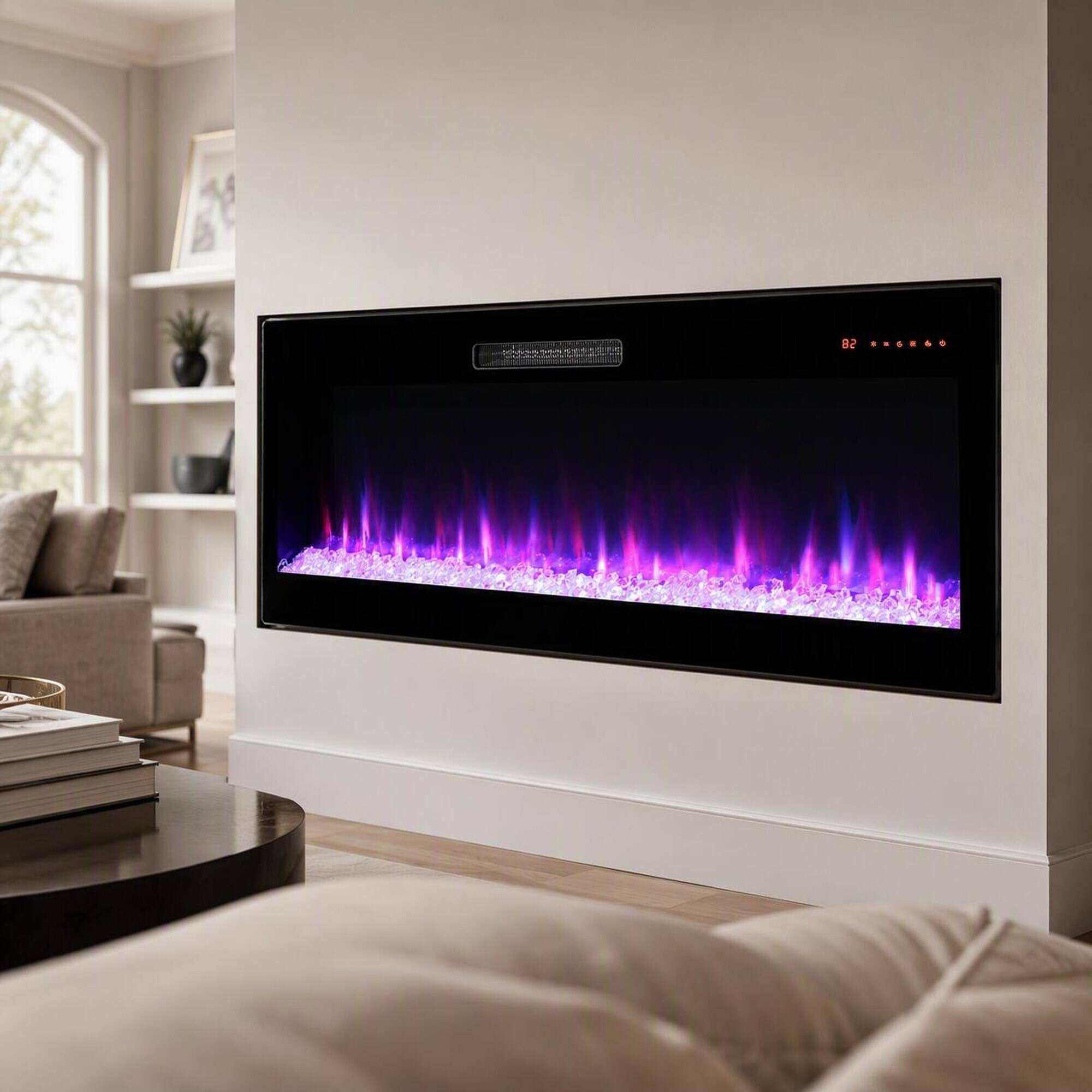 Front. RYHNUYNE - 60 Inch Smart WiFi Enabled Electric Fireplace Heater, Recessed In Wall Wall Mounted For Modern Home Warm Decor - Antique Black.