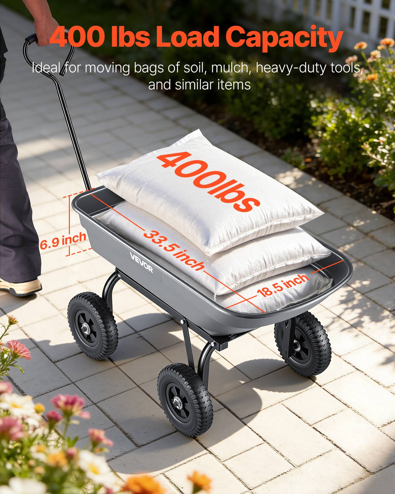 400 lbs Load Capacity  
Ideal for moving bags of soil, mulch, heavy-duty tools, and similar items  

6.9 inch  
33.5 inch  
18.5 inch
