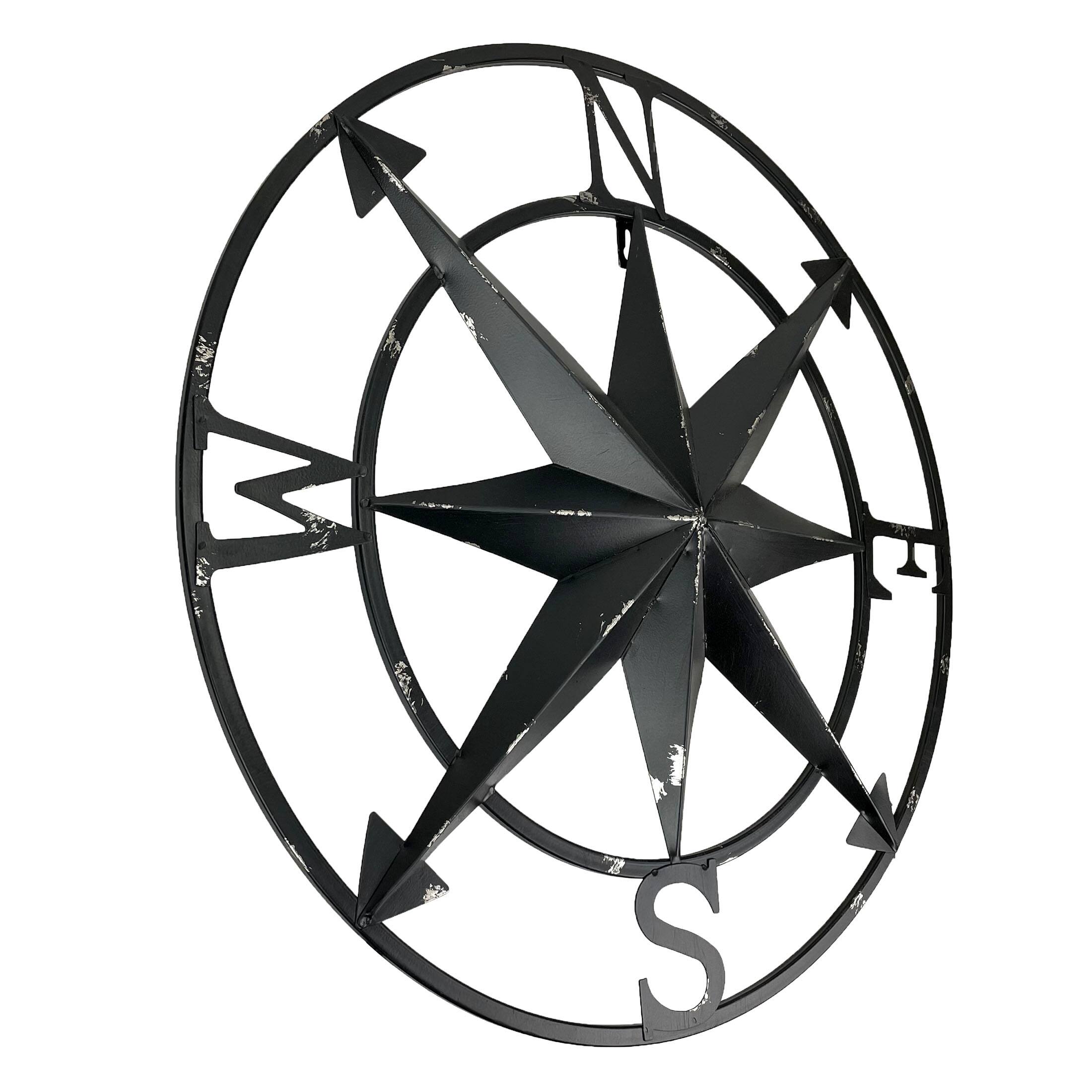 Alt View 1. Zeckos - 20 Inch Distressed Metal Compass Rose Nautical Wall Decor Indoor Outdoor, Black - Black.