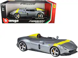 Ferrari Monza SP1 Silver Metallic with Yellow Stripes 1/18 Diecast Model Car by Bburago