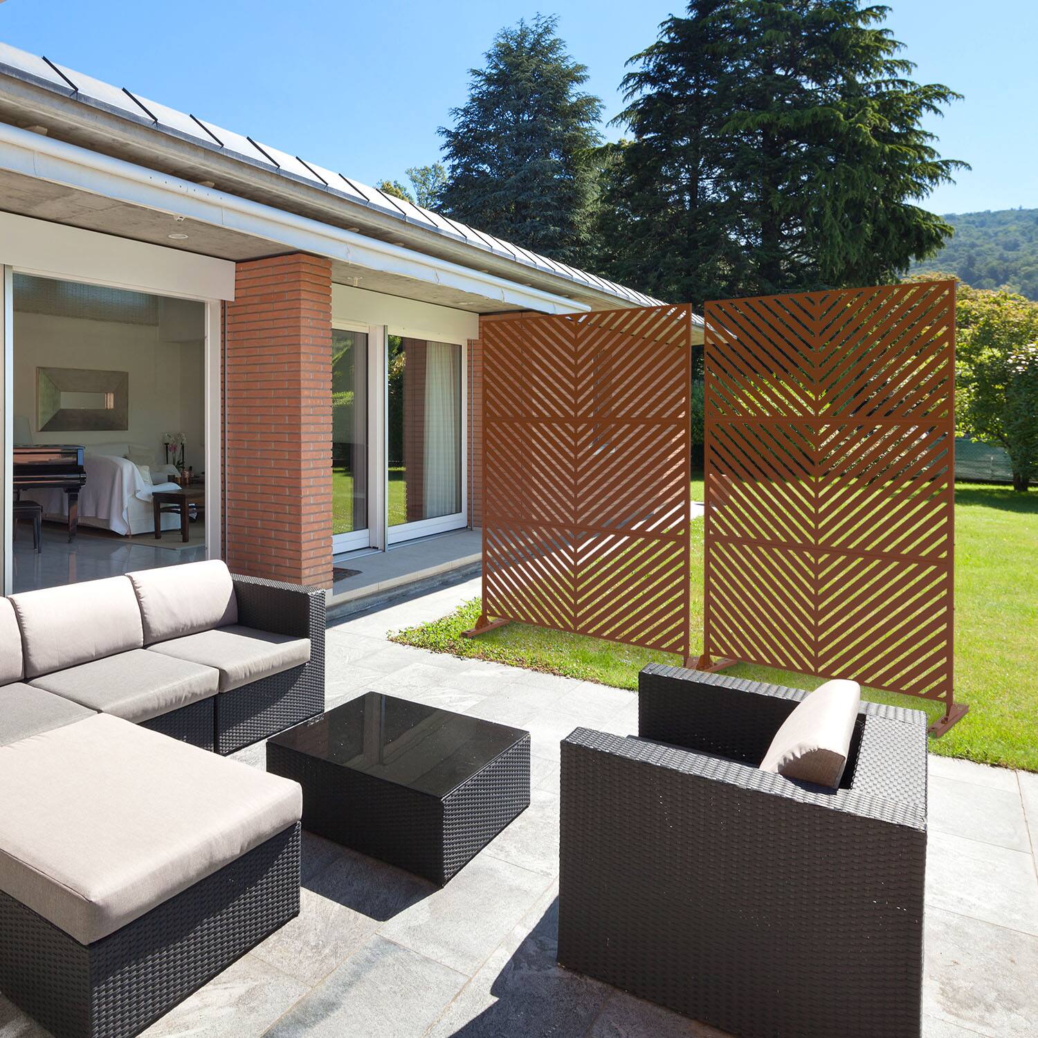 Alt View 3. PexFix - 72 in. x 47 in. Parallel Pattern Metal Outdoor Privacy Screen & Panels, Freestanding Garden Divider Fence - Rust Color.