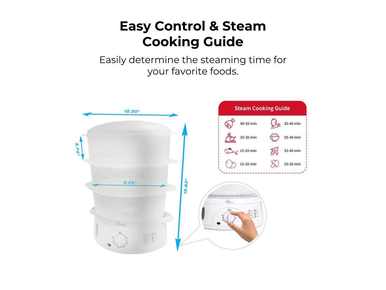 Easy Control & Steam Cooking Guide  
Easily determine the steaming time for your favorite foods.

Steam Cooking Guide  
- 40-50 min  
- 35-40 min  
- 20-30 min  
- 15-20 min  
- 35-40 min  
- 35-40 min  
- 20-30 min  

Dimensions:  
- 12.20"  
- 15.63"  
- 9.25"  
- 3.74"  
- 15.63"  
- 12.20"  
- 9.25"  
- 3.74"