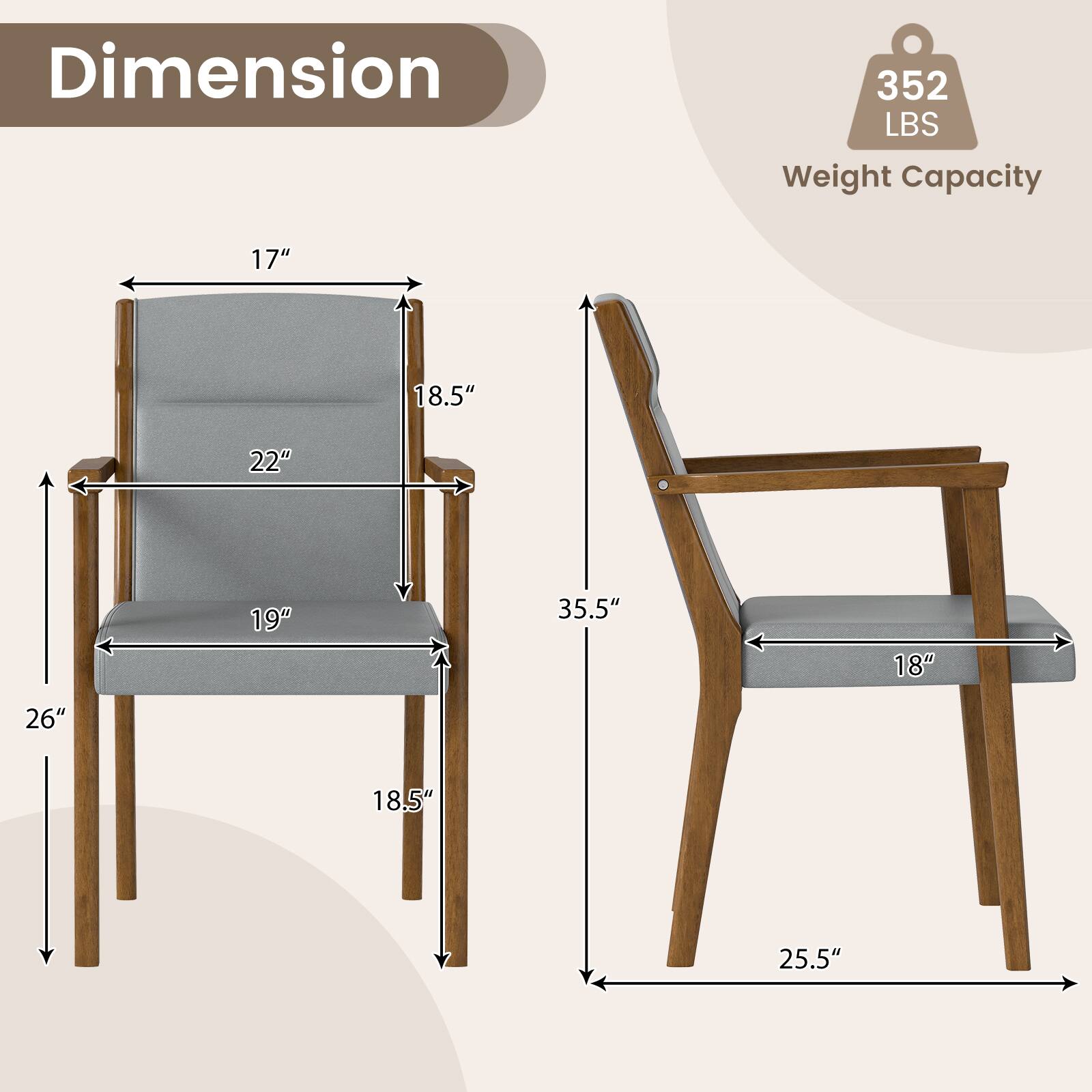 Dimension  
352 LBS Weight Capacity  
17"  
18.5"  
22"  
19"  
35.5"  
18"  
26"  
18.5"  
25.5"