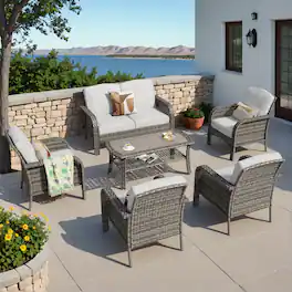 Ovios - 6 PCS Patio Furniture Set High Back Loveseat Wicker Armchairs with Coffee Table for Garden - Gray