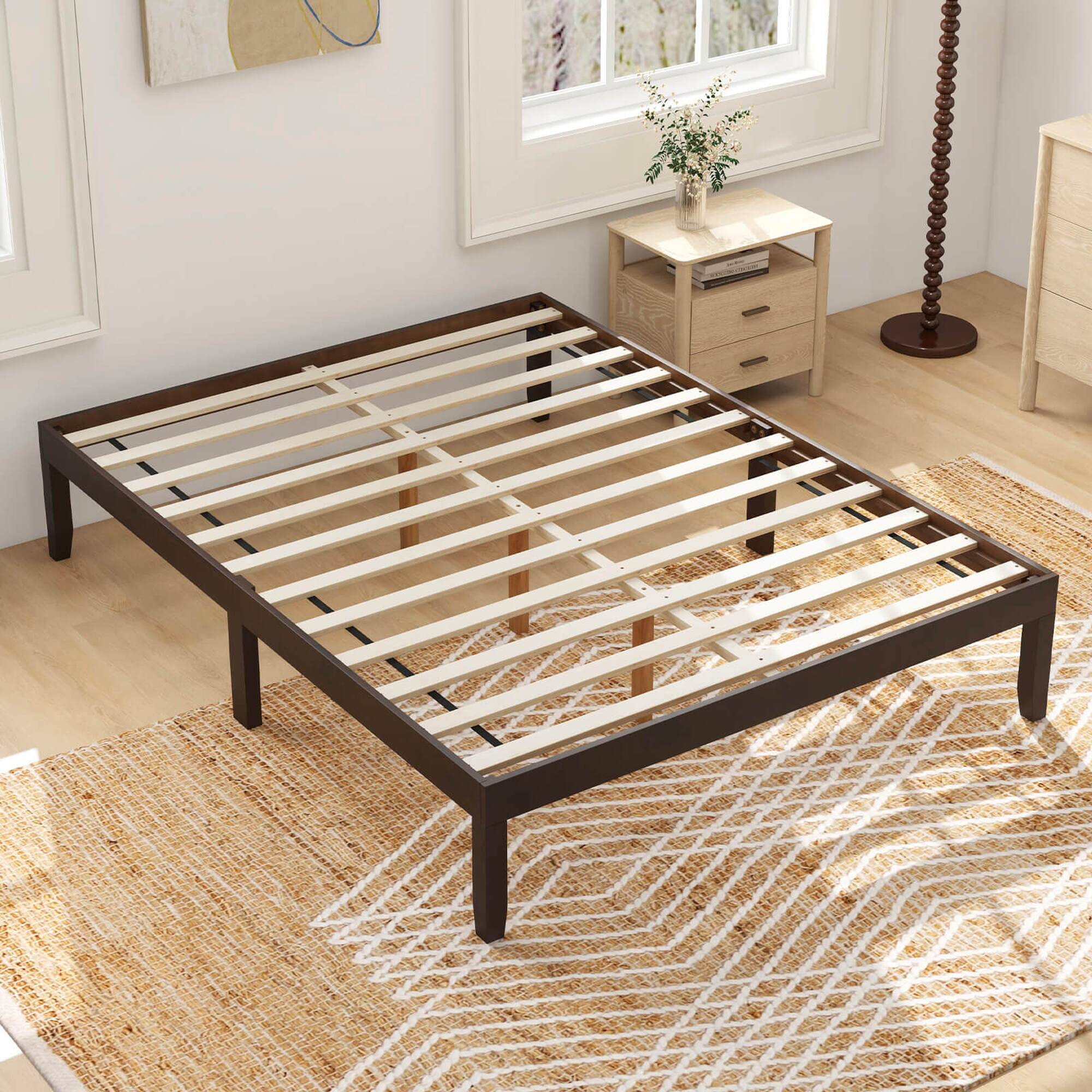 Alt View 2. Costway - Full Size Wooden Platform Bed Frame 14" with Rubber Wood Legs Under-bed Storage - Brown.