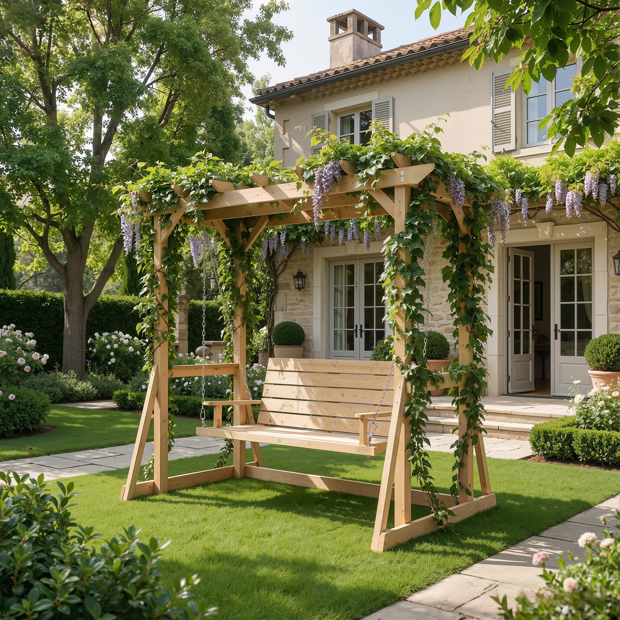 Alt View 8. Famapy - Solid Cedar 2-Person Pergola Swing - Weather-Resistant Outdoor Patio Swing with Heavy-Duty Chain, 600LBS Capacity - Wooden.