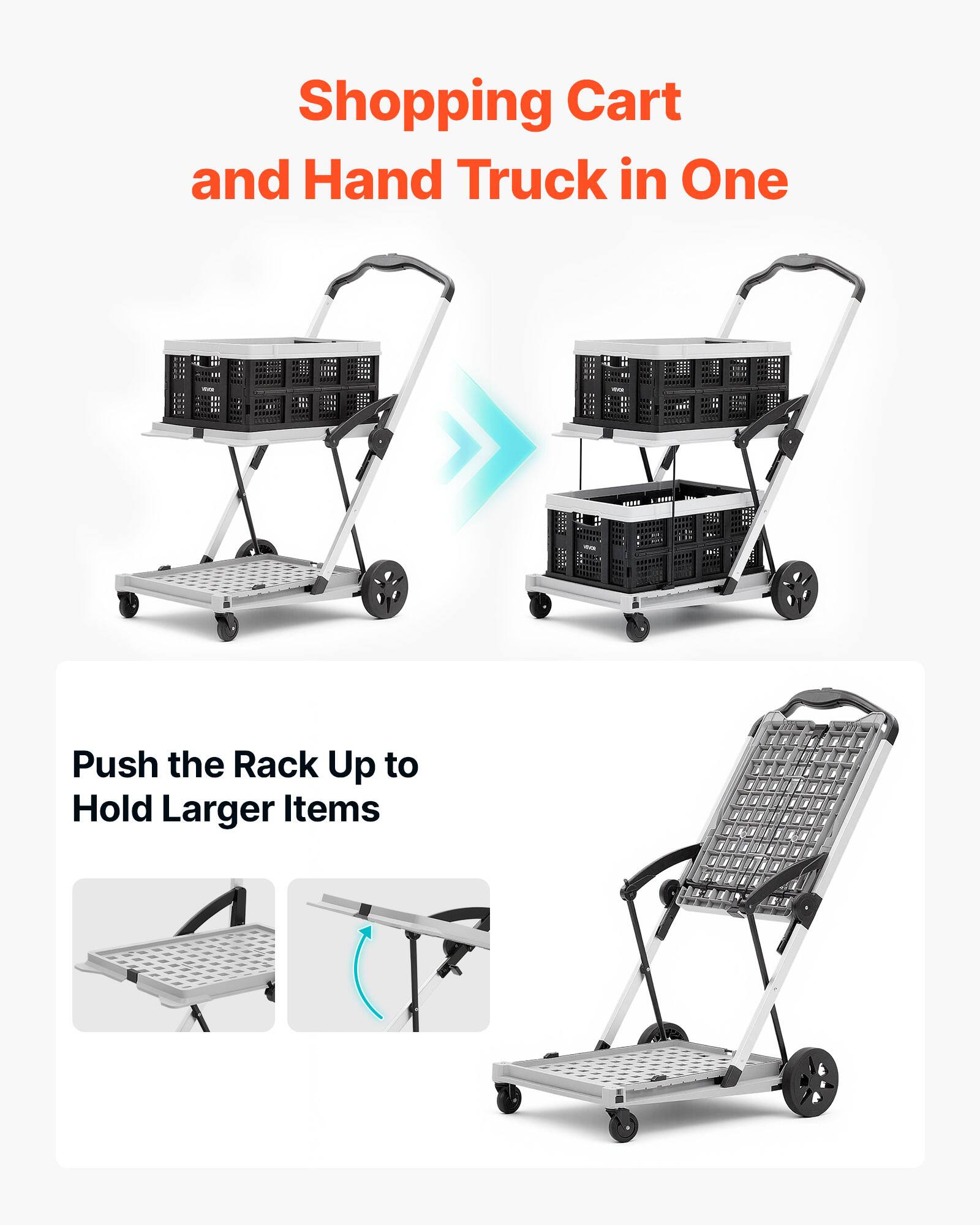 Shopping Cart and Hand Truck in One

Push the Rack Up to Hold Larger Items