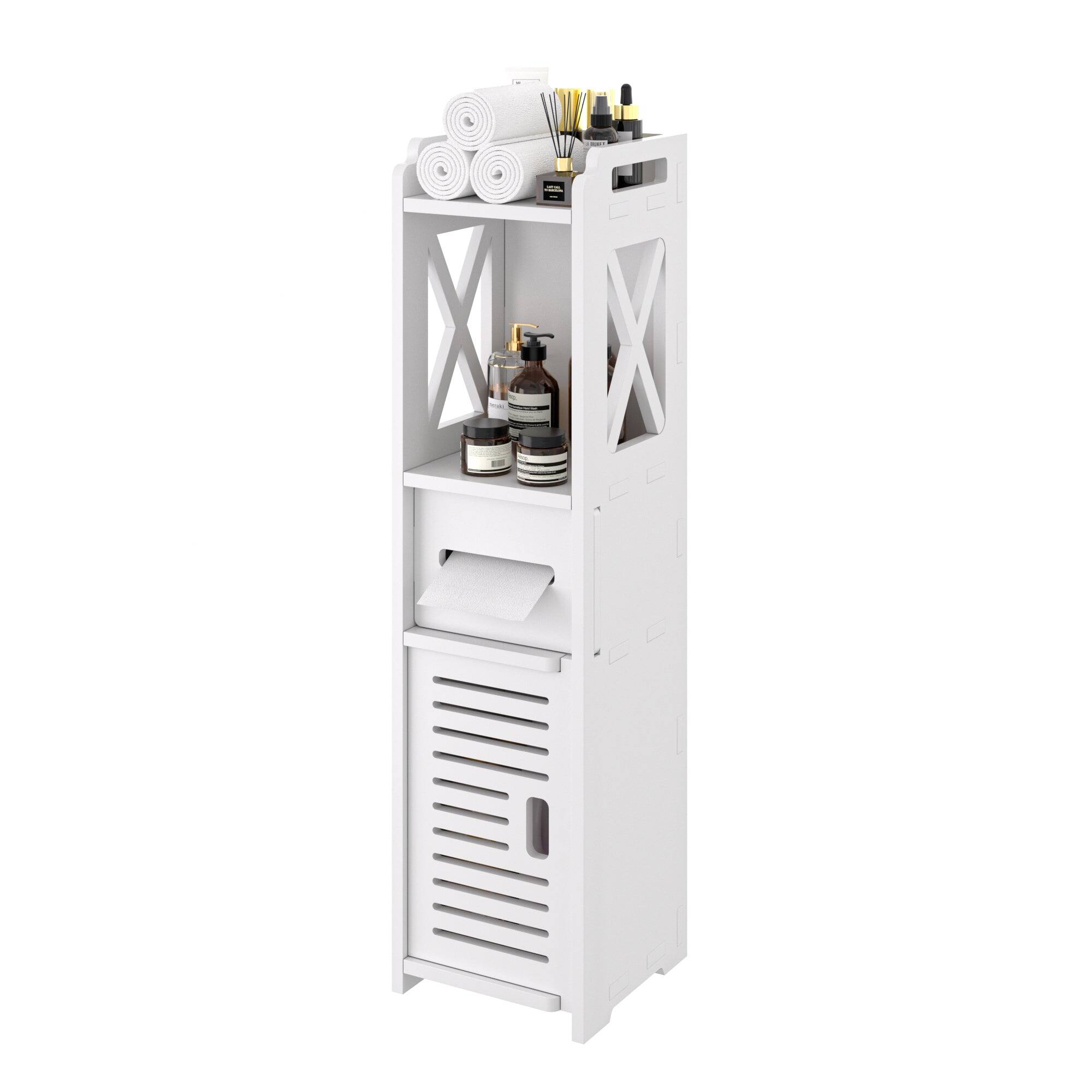 Front. Vecelo - Narrow Bathroom Storage Cabinet with Toilet Paper Organizer-Space-Saving, Perfect for Small Bathrooms & Next to Toilets - White.