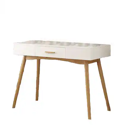 Front. SlickBlue - Contemporary Writing Desk with Laptop Space and Mid-Century Legs - White, Natural.