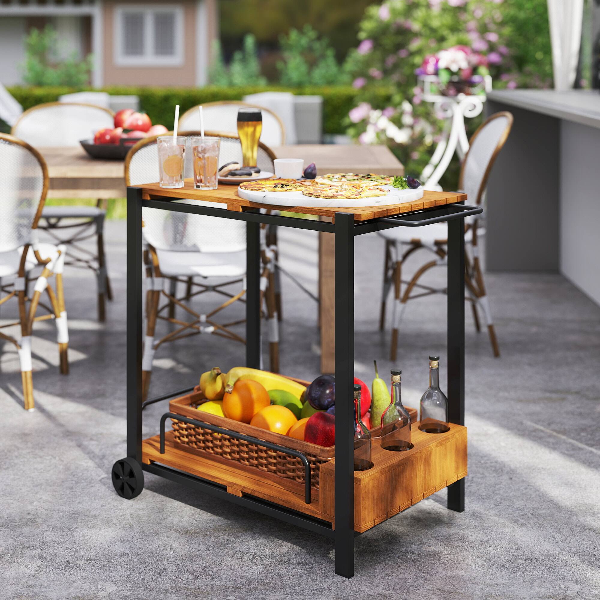 Alt View 8. Outsunny - Acacia Wood Outdoor Bar Cart, Rolling 2-Tier Outdoor Serving Cart with 3 Bottle Holders and 2 Wheels for Kitchen - Teak.