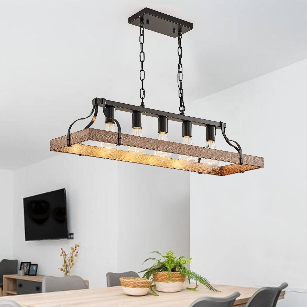 Angle. Loheer - Loheer Modern Farmhouse Chandelier, 34-Inch Black Walnut Pendant Light with 5 E26 Sockets and Adjustable Chains.