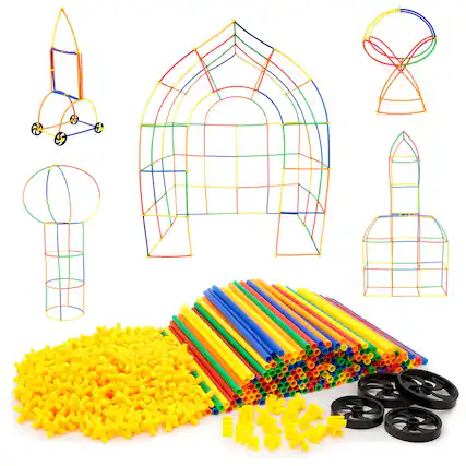 Front. PicassoTiles - PicassoTiles 600 PC Straw Kit, Construction Building Set, STEM Learning Toy for Kids Ages 3+.