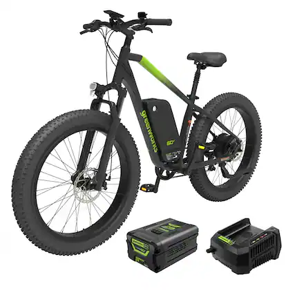 Front. Greenworks - Greenworks 60V 26" Fat Tire Electric Bicycle, Max 20mph Adjustable 7 Speed Mountain Bike for Adult, Teen - Green.