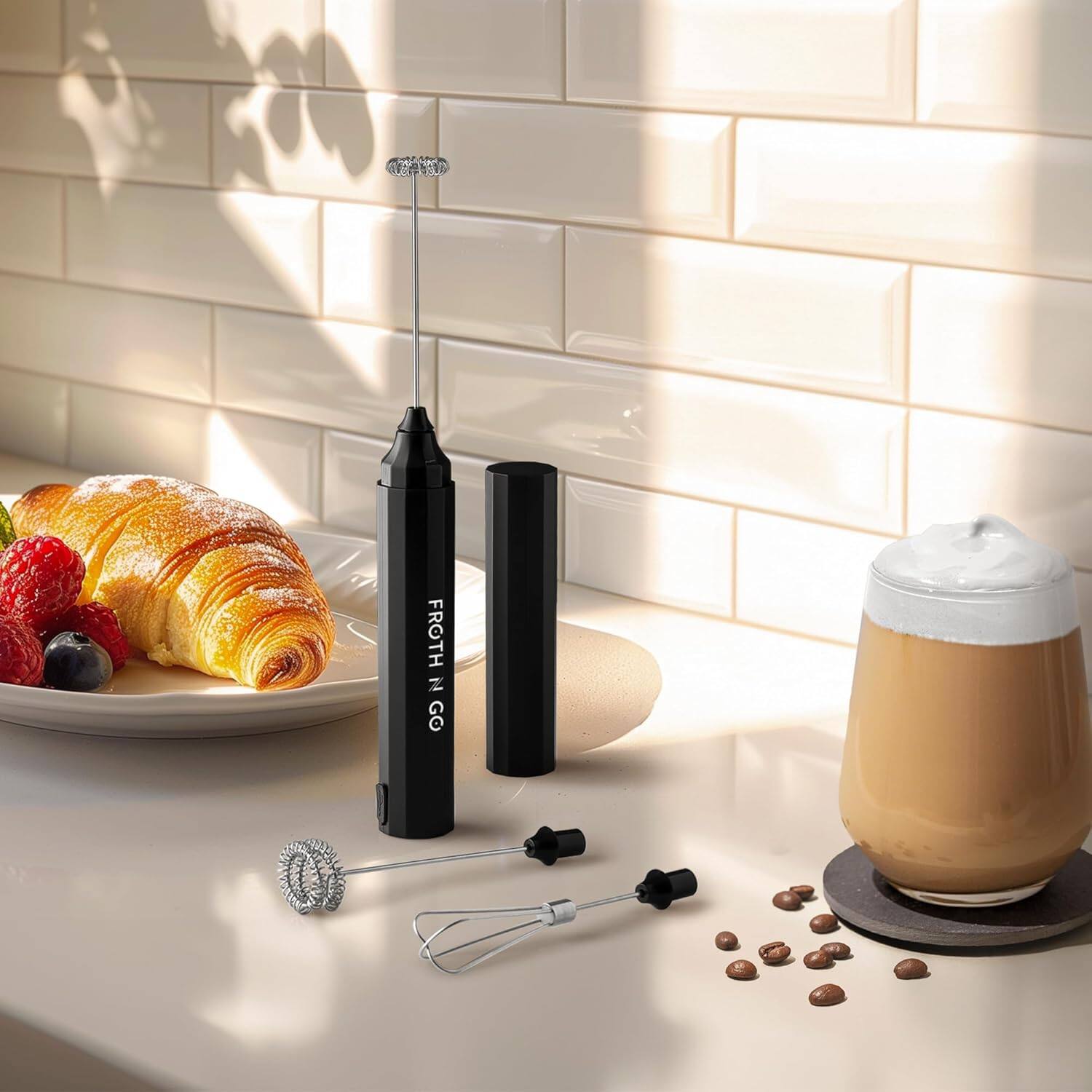 Angle. Zulay Kitchen - Zulay Kitchen 3-in-1  Froth N Go Milk Frother Rechargeable - Comes with 3 Whisk Attachments - Black.