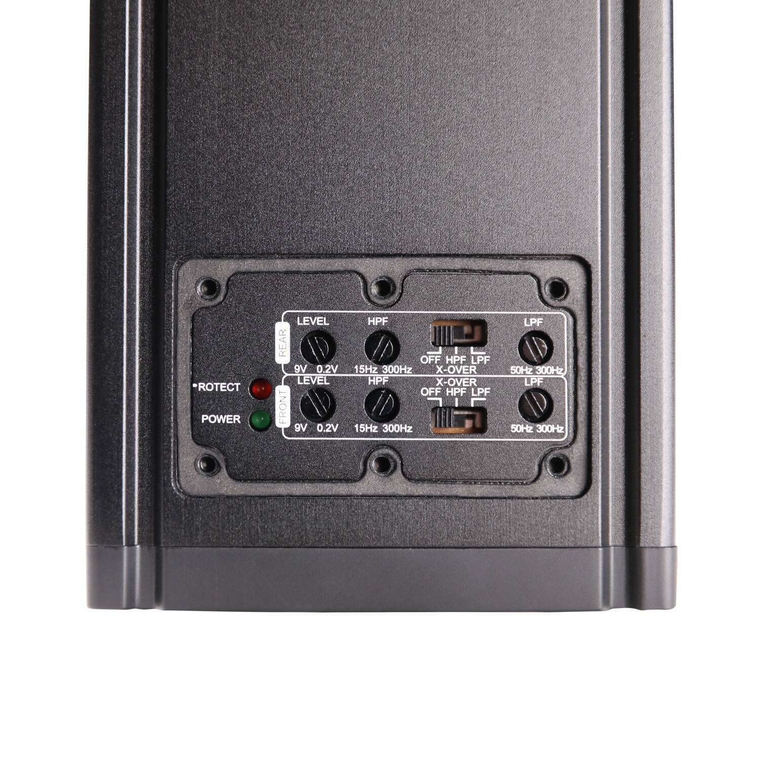 PROTECT POWER LEVEL REAR 9V 0.2V LEVEL FRONT 9V 0.2V HPF OFF HPF LPF 15Hz 300Hz X-OVER HPF X-OVER OFF HPF LPF 15Hz 300Hz LPF 50Hz 300Hz LPF 50Hz 300Hz