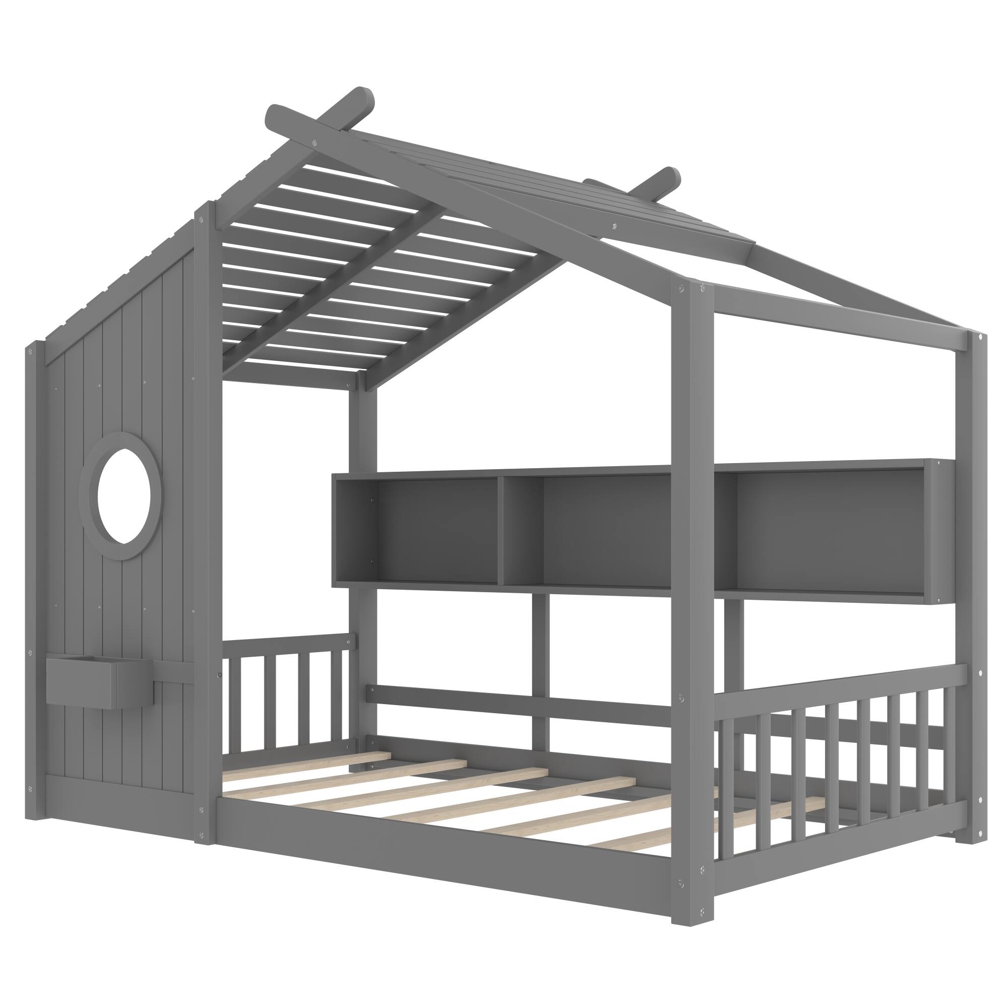 Alt View 2. GOODSILO - Twin Size Floor House Bed for Toddlers and Kids with Storage Shelf and Playhouse Roof Design - Gray.