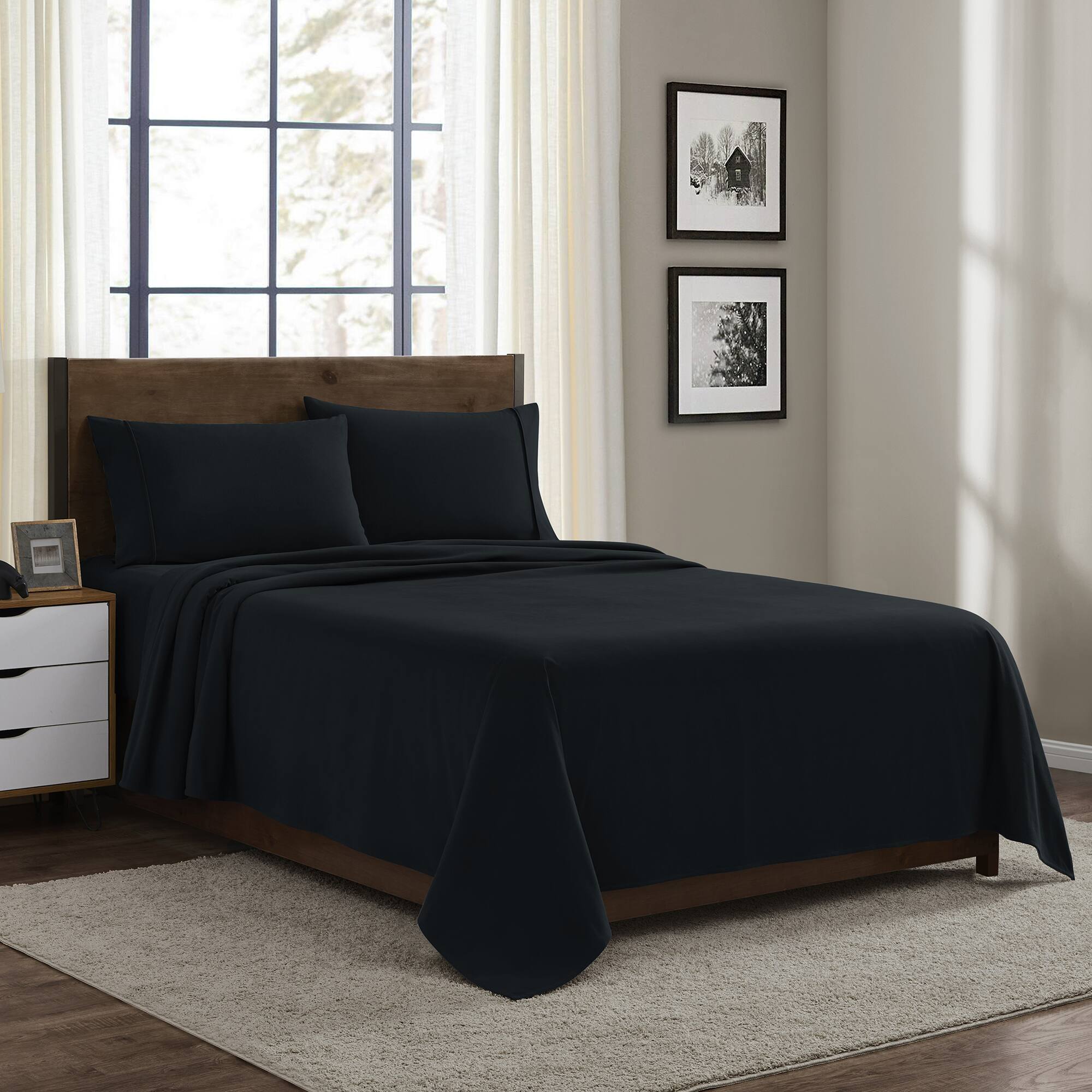 Angle. Sweet Home Collection - Solid Cotton Flannel Sheets Warm and Cozy Extra Deep Pockets, Queen - Black.