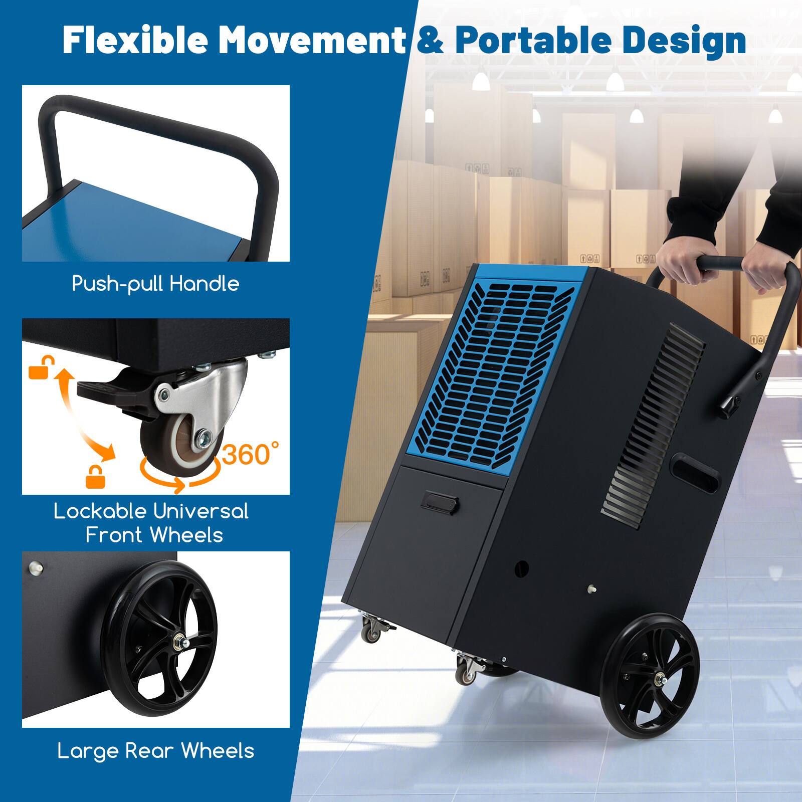 Flexible Movement & Portable Design  
Push-pull Handle  
Lockable Universal Front Wheels 360°  
Large Rear Wheels