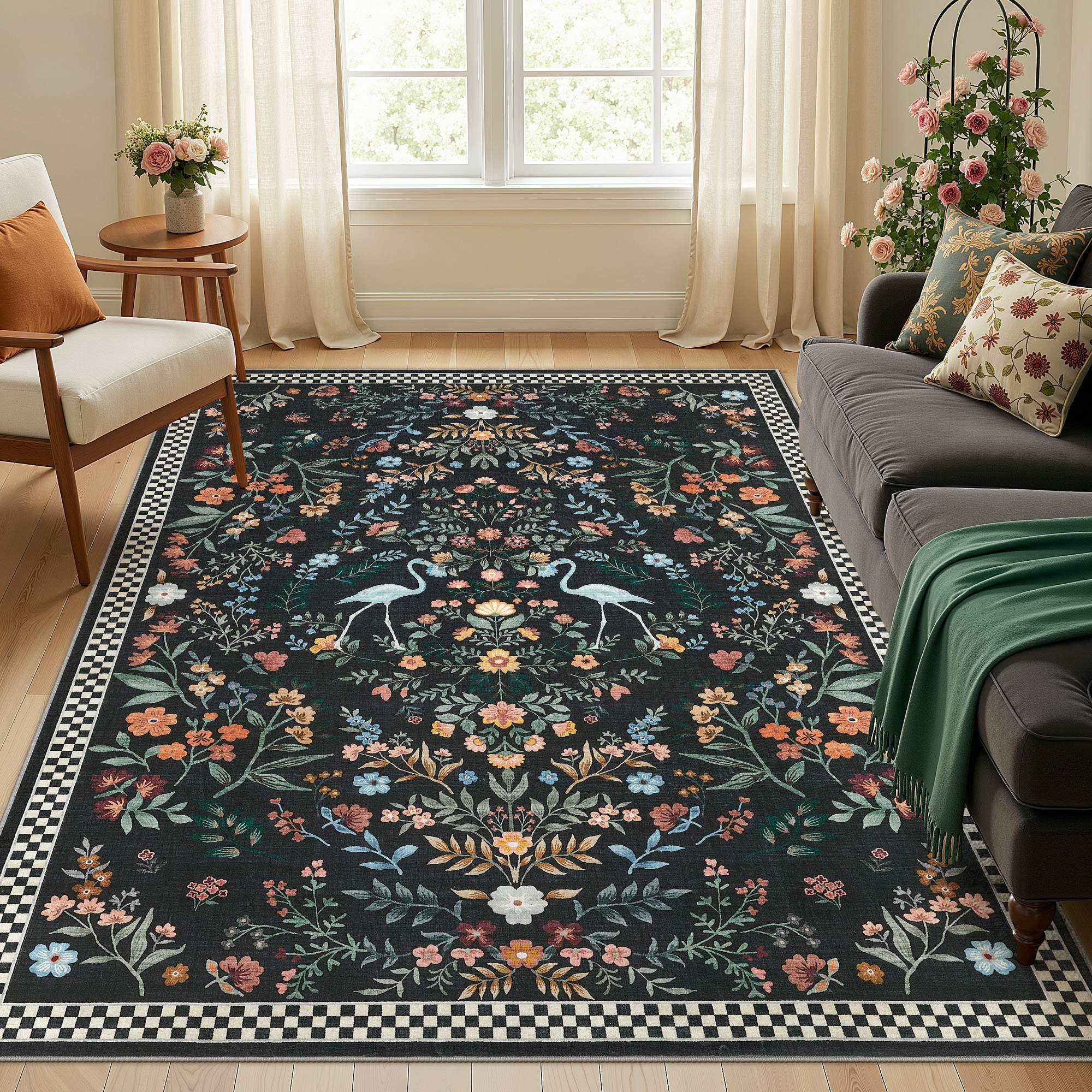 Angle. Yardgrace - 5' x 7' ft Washable Farmhouse Floral Area Rug with Non-Slip for Bedroom Nursery Living Room Decor - Black.