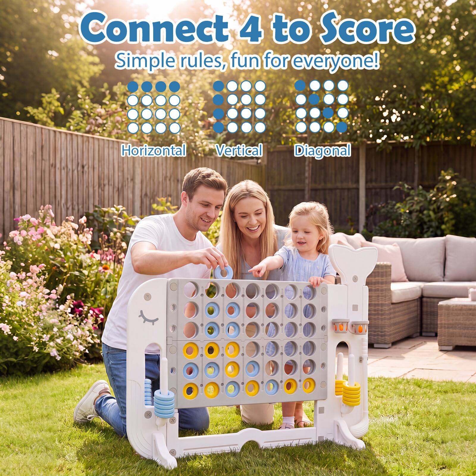 Connect 4 to Score  
Simple rules, fun for everyone!  

Horizontal  
Vertical  
Diagonal