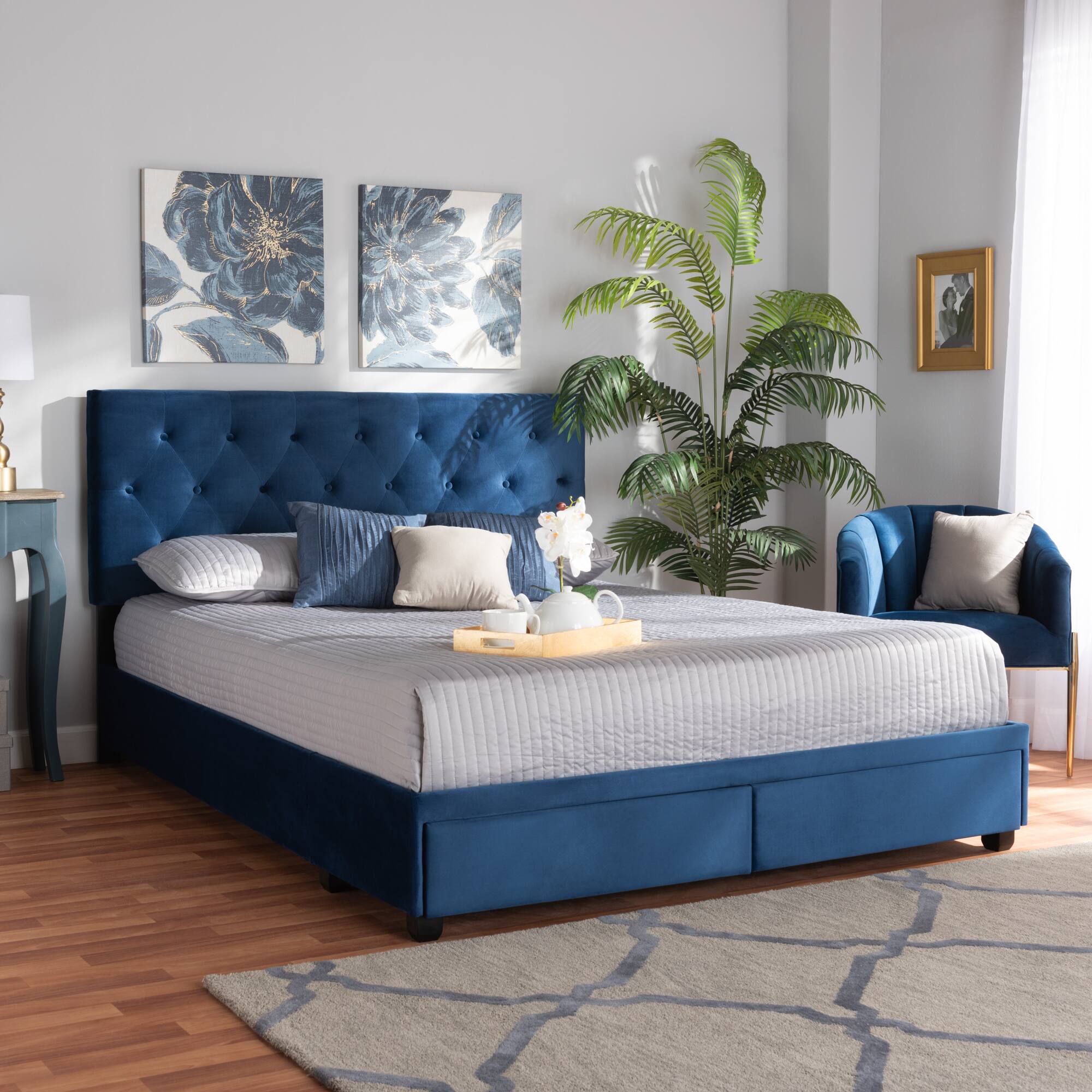 Alt View 4. Baxton Studio - Caronia Modern and Contemporary Velvet Fabric Upholstered 2-Drawer Queen Size Platform Storage Bed - Navy Blue/Black.