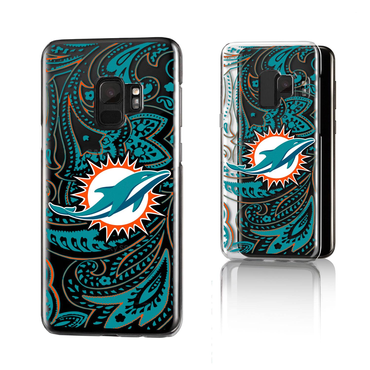Alt View 1. Keyscaper - Miami Dolphins Galaxy Clear Paisley Design Case - S23 - Multicolor.