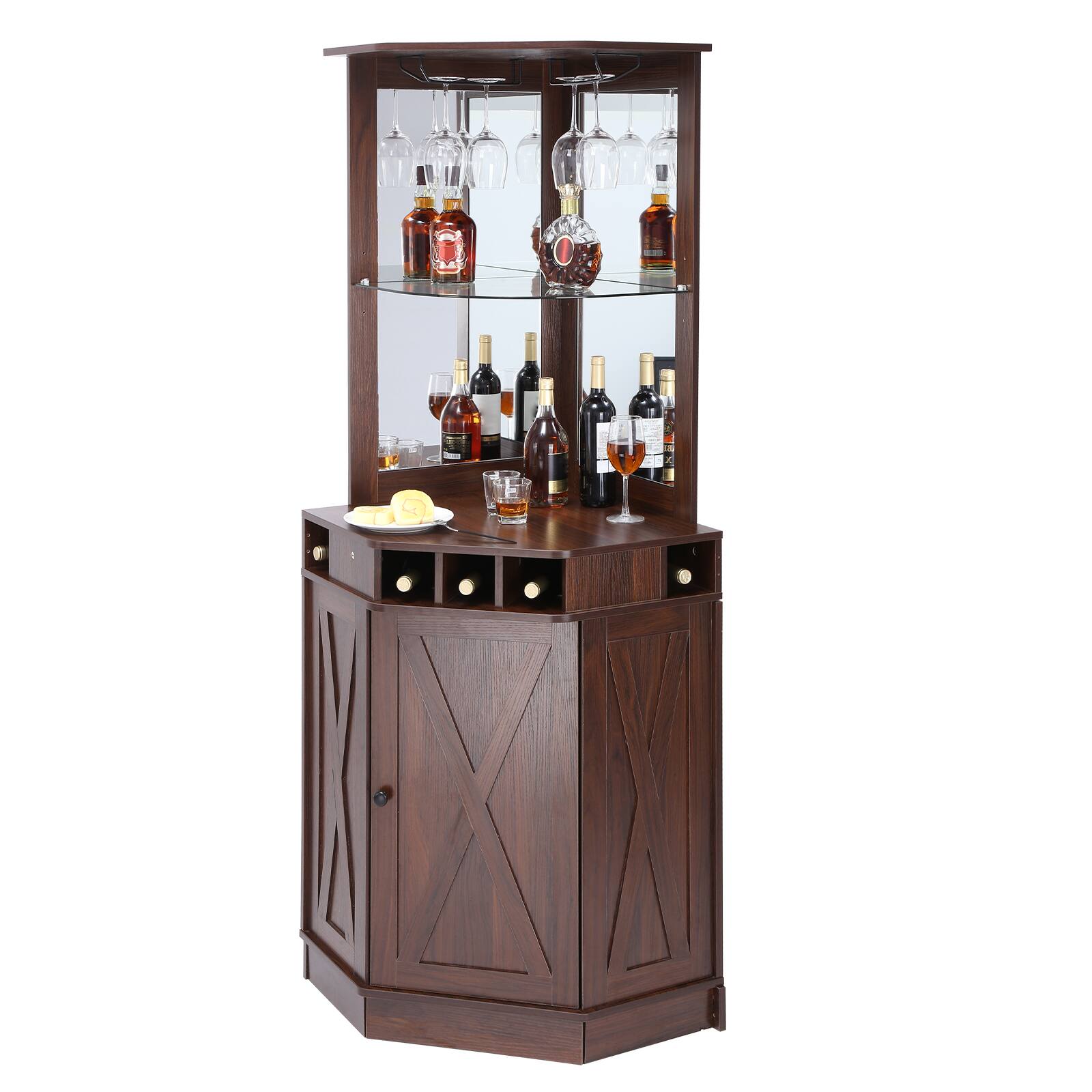 Alt View 5. VEVOR - Corner Industrial Bar Cabinet, Wine Table for Liquor & Glasses, Sideboard Buffet Cabinet with Glass Holder - Brown.