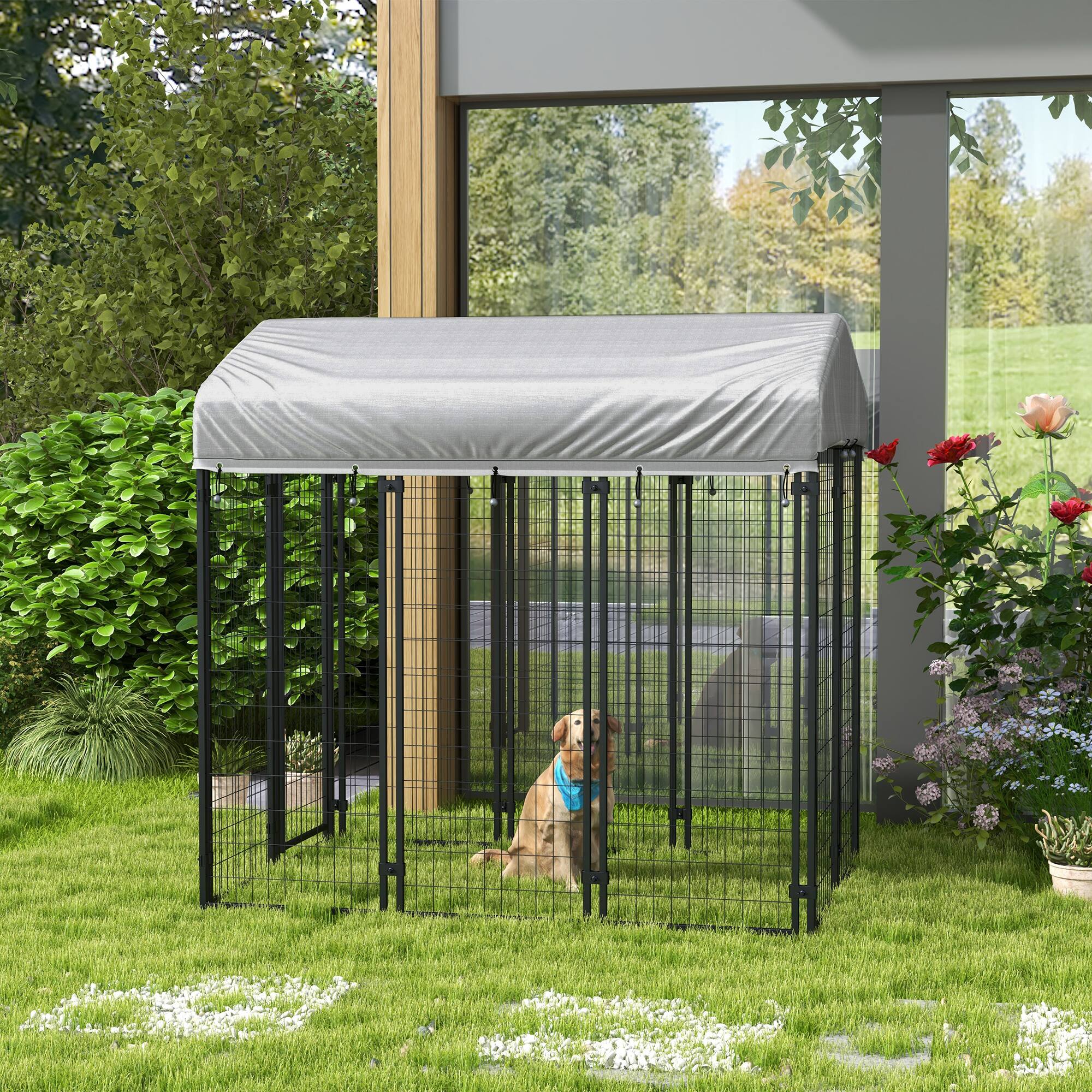 Angle. Pawhut - Outdoor Dog Kennel with Roof, 6'x4'x6' Welded Wire Playpen, Escape-proof Lock, UV-Resistant Cover, Large.