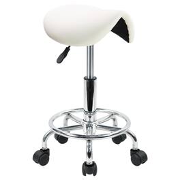 KKTONER - Saddle Stool with Foot Rest PU Leather Swivel Adjustable Rolling Stool with Wheels Facial Salon Chair - White