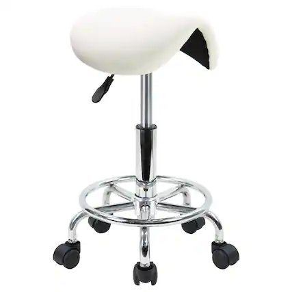 Front. KKTONER - KKTONER Saddle Stool with Foot Rest PU Leather Swivel Adjustable Rolling Stool with Wheels Facial Salon Chair (White) - White.