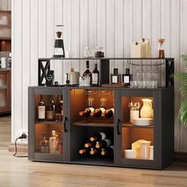 GARVEE - Freestanding Liquor Cabinet for Home with LED Lights, Wine Bar Cabinet, Coffee Bar Buffet Sideboard Storage - Black