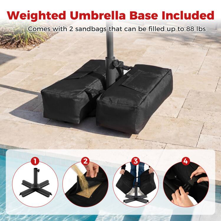 Weighted Umbrella Base Included  
Comes with 2 sandbags that can be filled up to 88 lbs