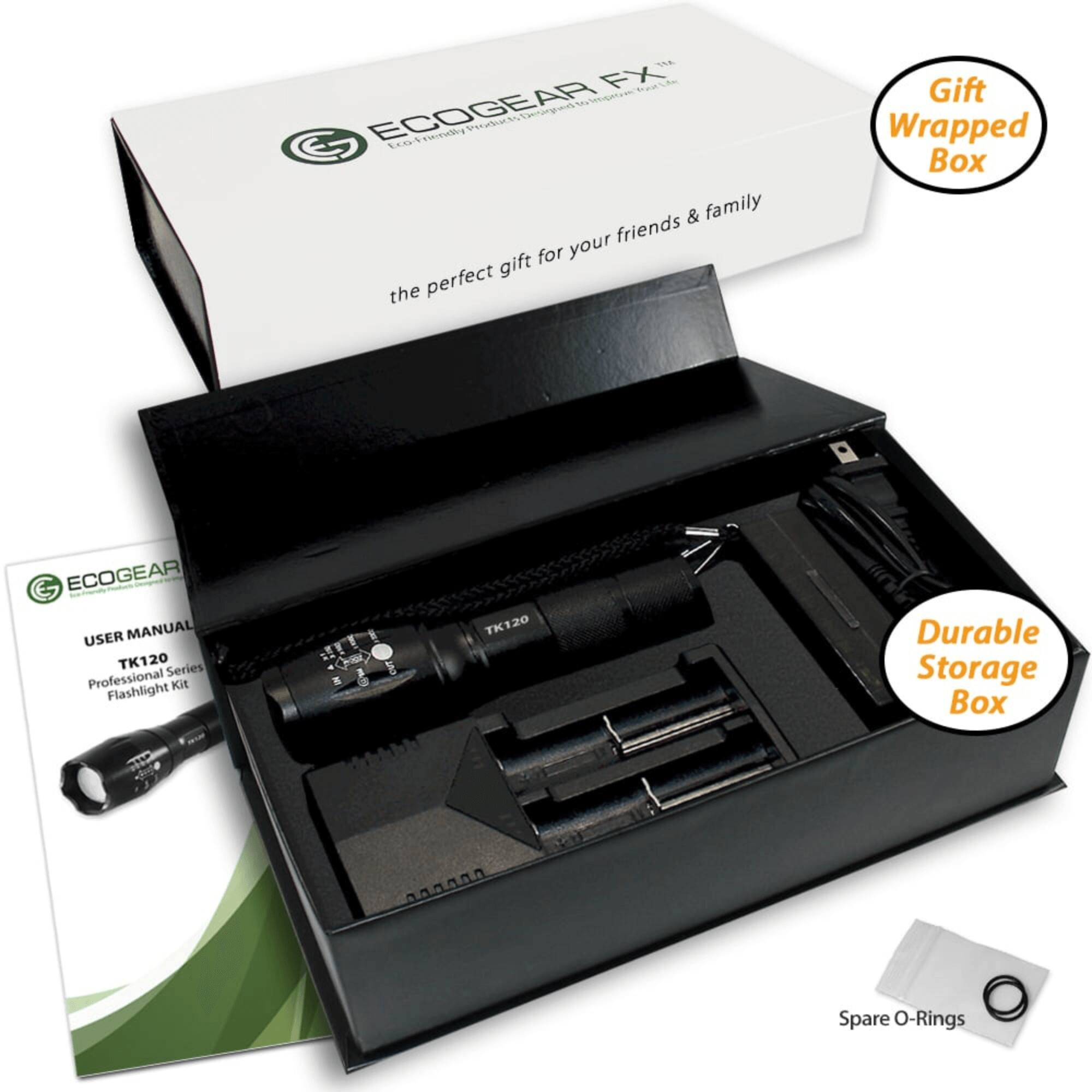 ECOGEAR FX™

the perfect gift for your friends & family

Gift Wrapped Box

TK120 Series Professional Kit Flashlight x 1

TK120 Durable Storage Box

Spare O-Rings

ECOGEAR USER MANUAL TK120 Series Professional Kit Flashlight