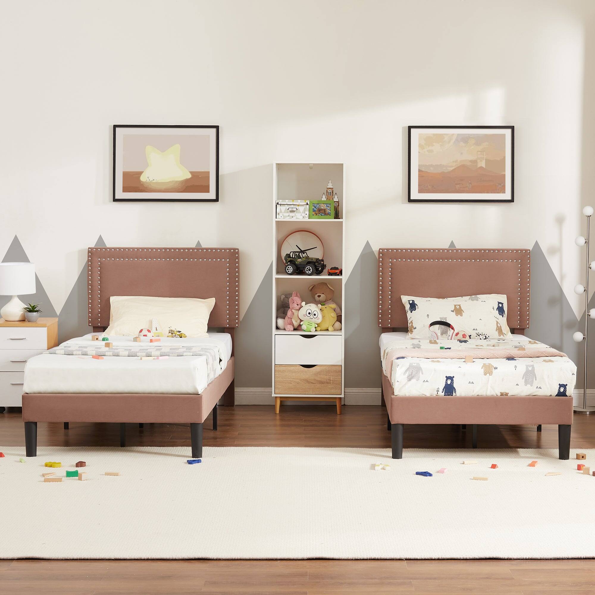 Alt View 3. Vecelo - Twin Size Platform Bed Frame with Adjustable Upholstered Headboard, Strong Wood Slat Support,No Box Spring Needed - Coffee.