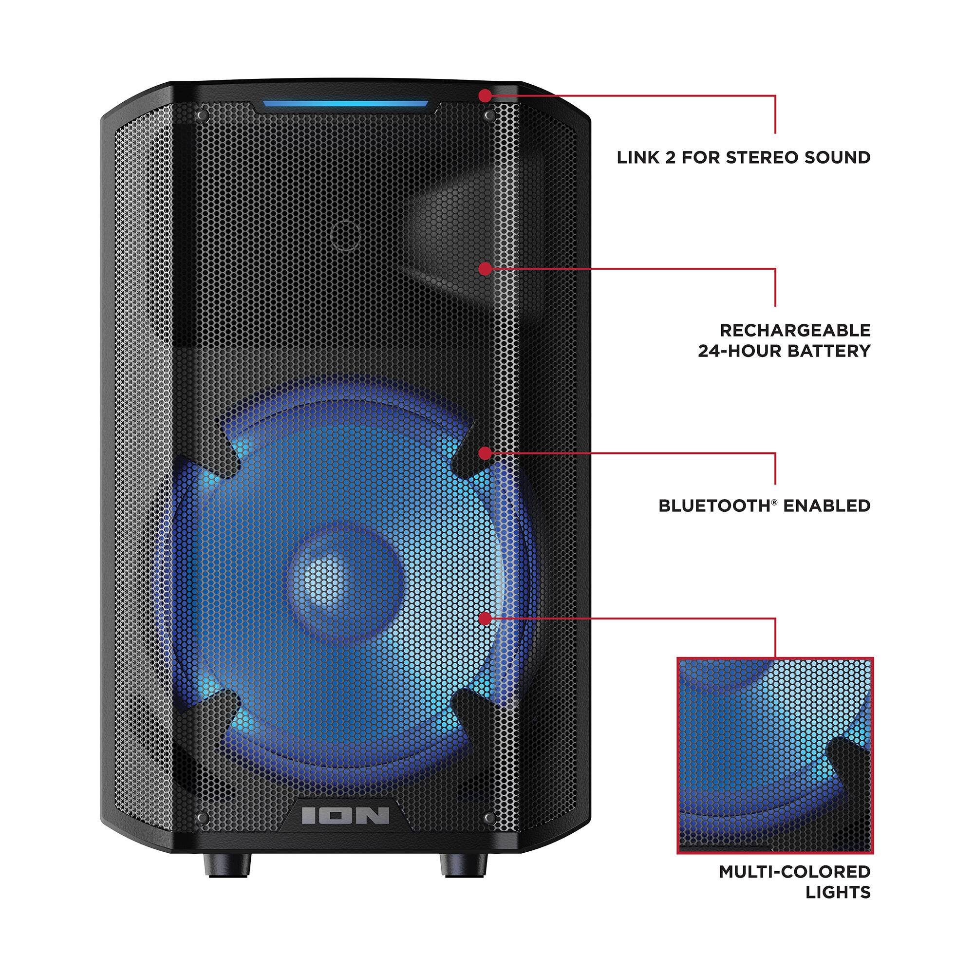The text on the image reads: "Link 2 for stereo sound, rechargeable 24-hour battery, Bluetooth enabled, ION multi-colored lights."