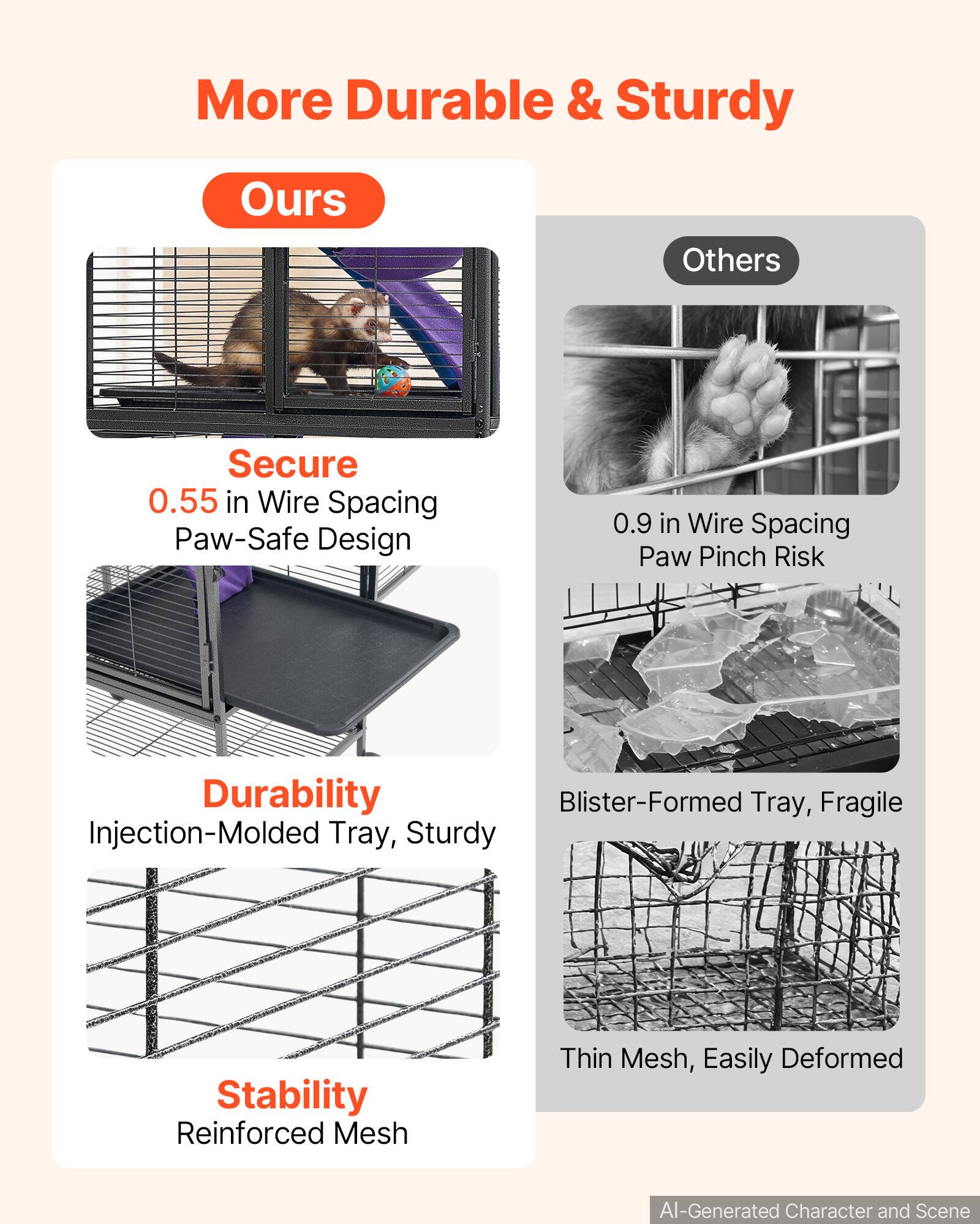 More Durable & Sturdy

Ours
- Secure
  - 0.55 in Wire Spacing
  - Paw-Safe Design
- Durability
  - Injection-Molded Tray, Sturdy
- Stability
  - Reinforced Mesh

Others
- 0.9 in Wire Spacing
  - Paw Pinch Risk
- Blisters-Formed Tray, Fragile
- Thin Mesh, Easily Deformed

AI-Generated Character and Scene