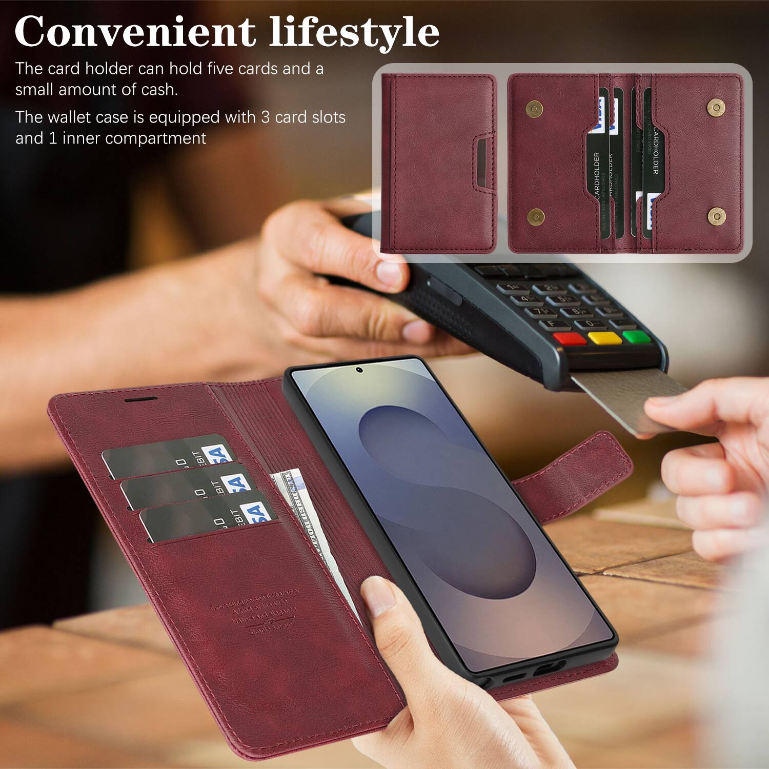Convenient lifestyle

The card holder can hold five cards and a small amount of cash.

The wallet case is equipped with 3 card slots and 1 inner compartment
