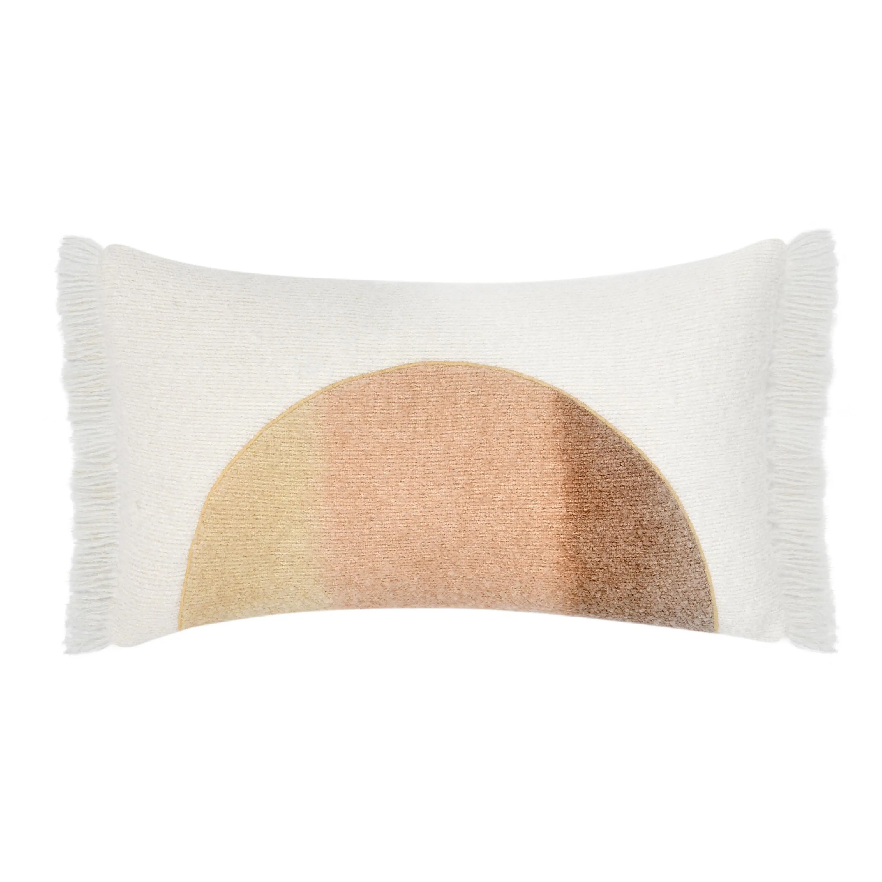 Front. Manhattan Lane - Lumbar Accent Throw Pillow, 14x26, Hand Dip Dyed Half Circle - Ivory, Brown.