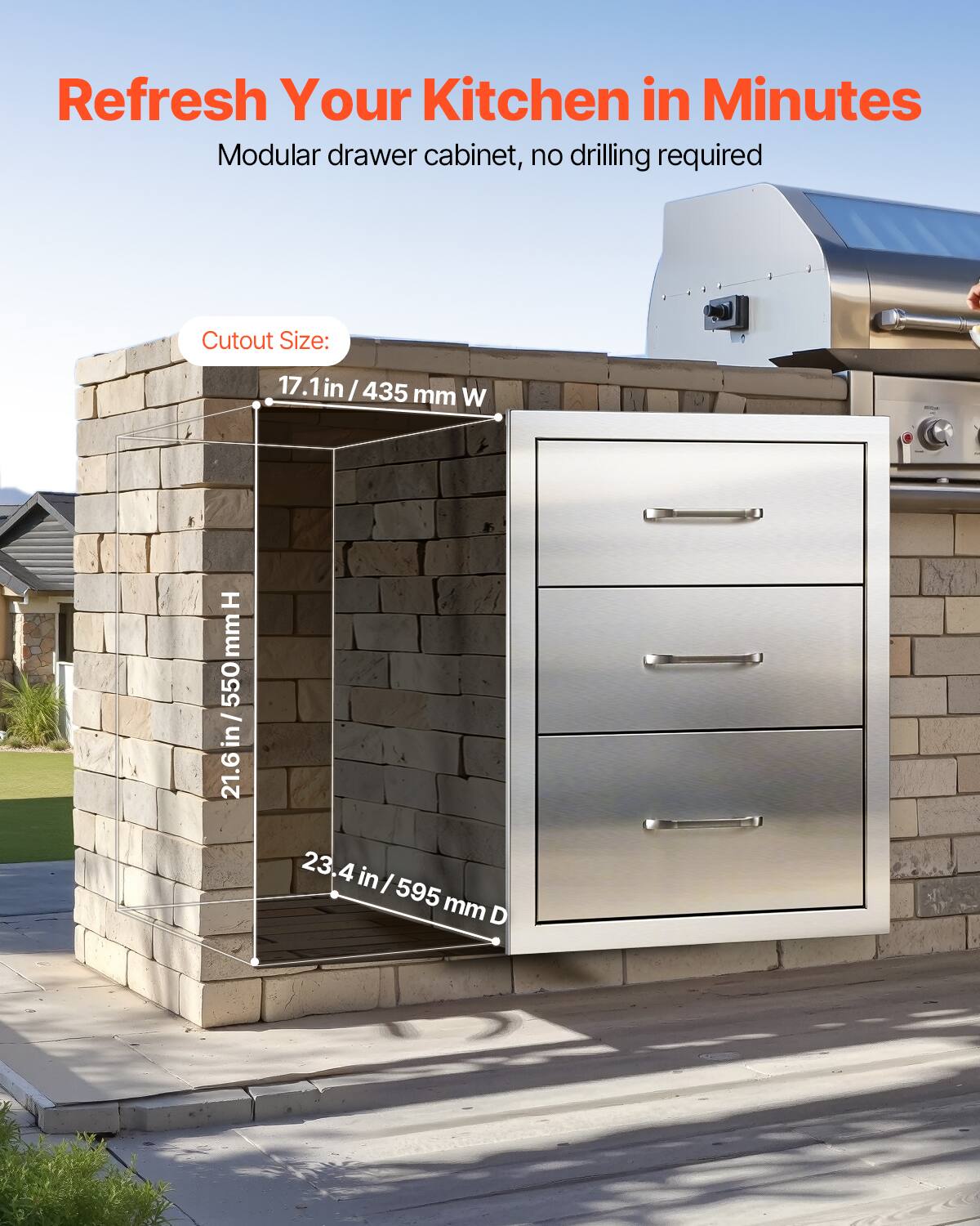 Refresh Your Kitchen in Minutes  
Modular drawer cabinet, no drilling required  

Cutout Size:  
17.1 in / 435 mm W  
21.6 in / 550 mm H  
23.4 in / 595 mm D
