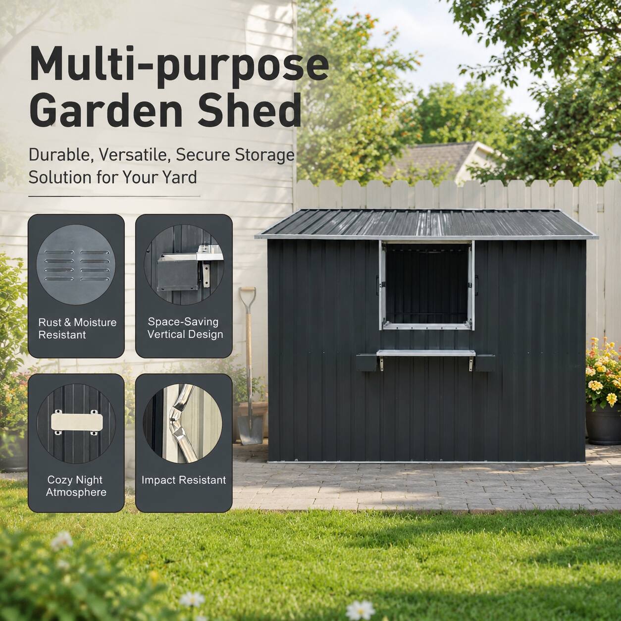 Multi-purpose Garden Shed  
Durable, Versatile, Secure Storage Solution for Your Yard  

- Rust & Moisture Resistant  
- Space-Saving Vertical Design  
- Cozy Night Atmosphere  
- Impact Resistant