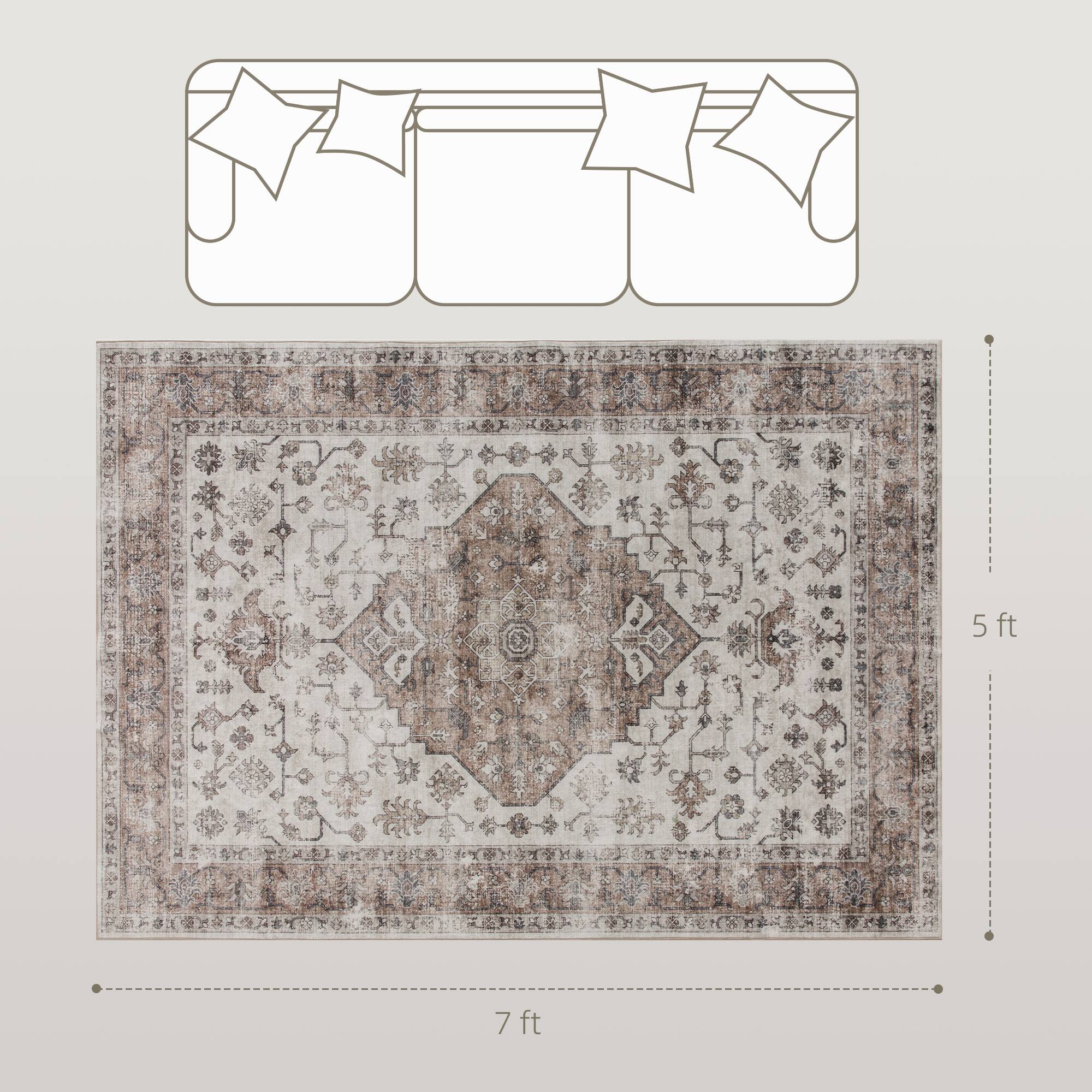 Alt View 3. Homcom - HOMCOM 5x7 Vintage Carpet: Mach-Wash Tan Distress Non-Slip Rug, Indoor Boho Living Room - Tan.