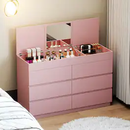 Winado - 6-Drawer Chests of Drawers Dresser with Flip-Top Mirror and Hidden Compartment Storage Cabinet for Bedroom Living Room - Pink